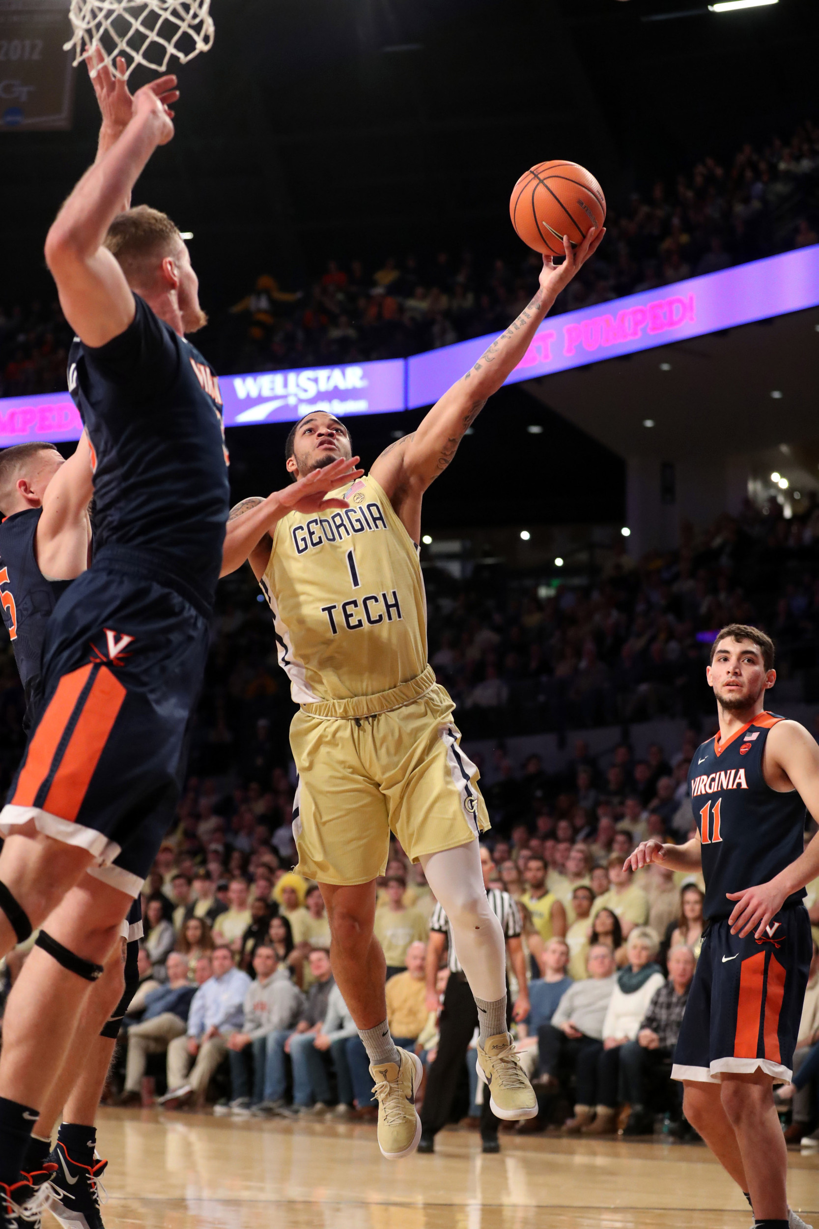 Jan 18, 2018; Atlanta, GA, USA; Georgia Tech Yellow Jackets guard Tadric Jackson (1) attempts a shot during the first half against the Virginia Cavaliers at McCamish Pavilion. Mandatory Credit: Jason Getz-USA TODAY Sports
