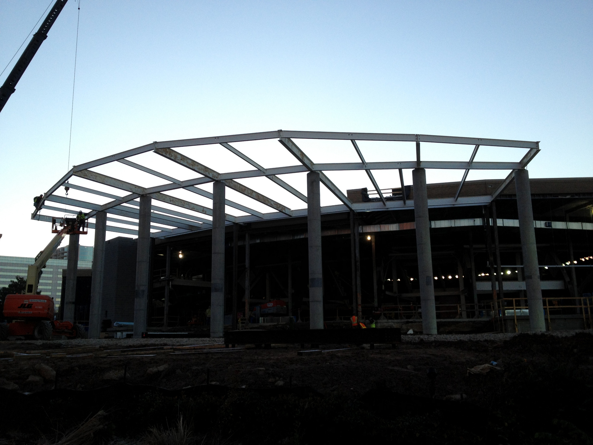 Iron Workers installing steel structure on the exterior of McCamish Pavilion - 12/2/11