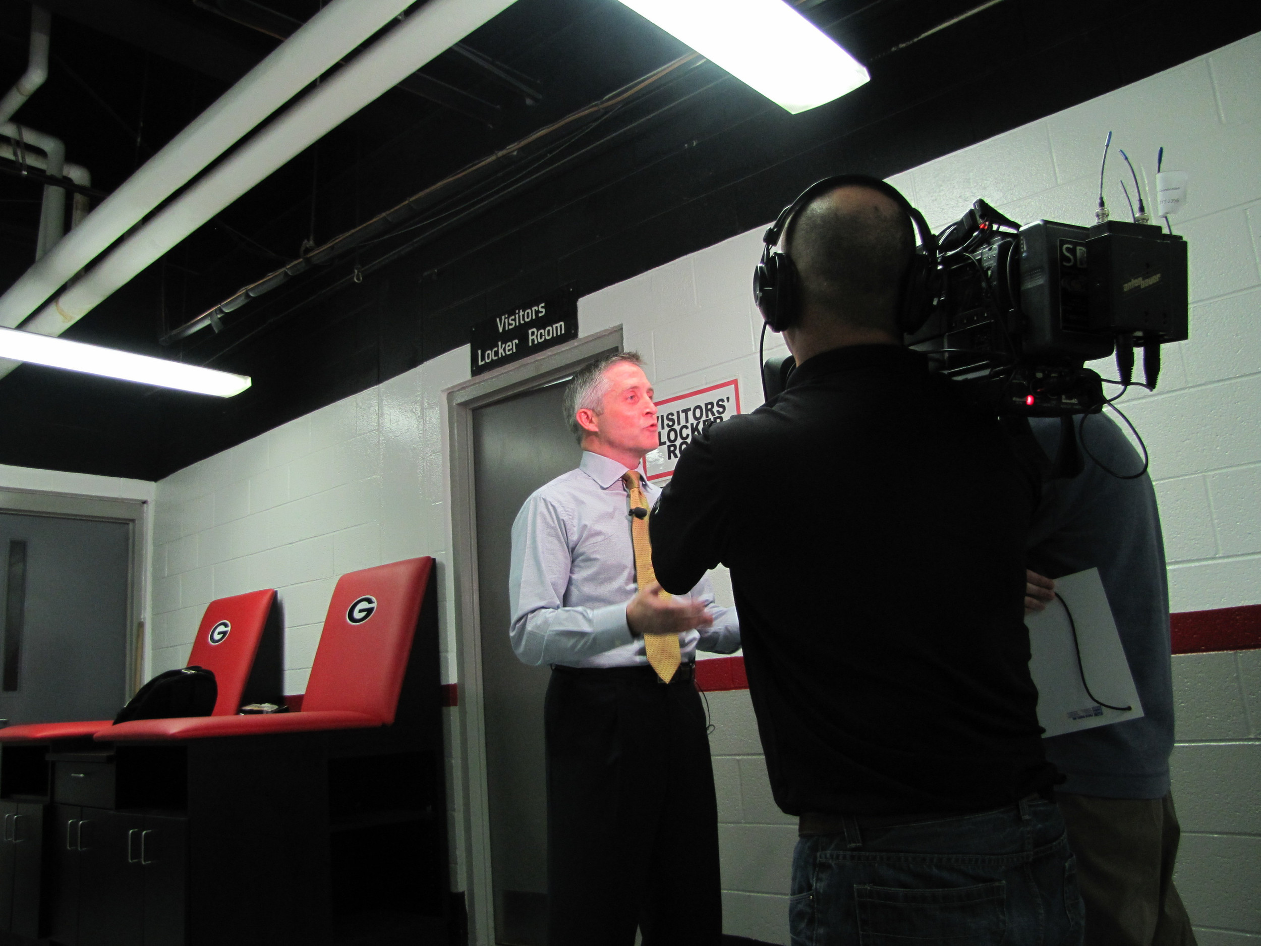 Coach Gregory give the Fox Sports South crew a few words of wisdom before the game.