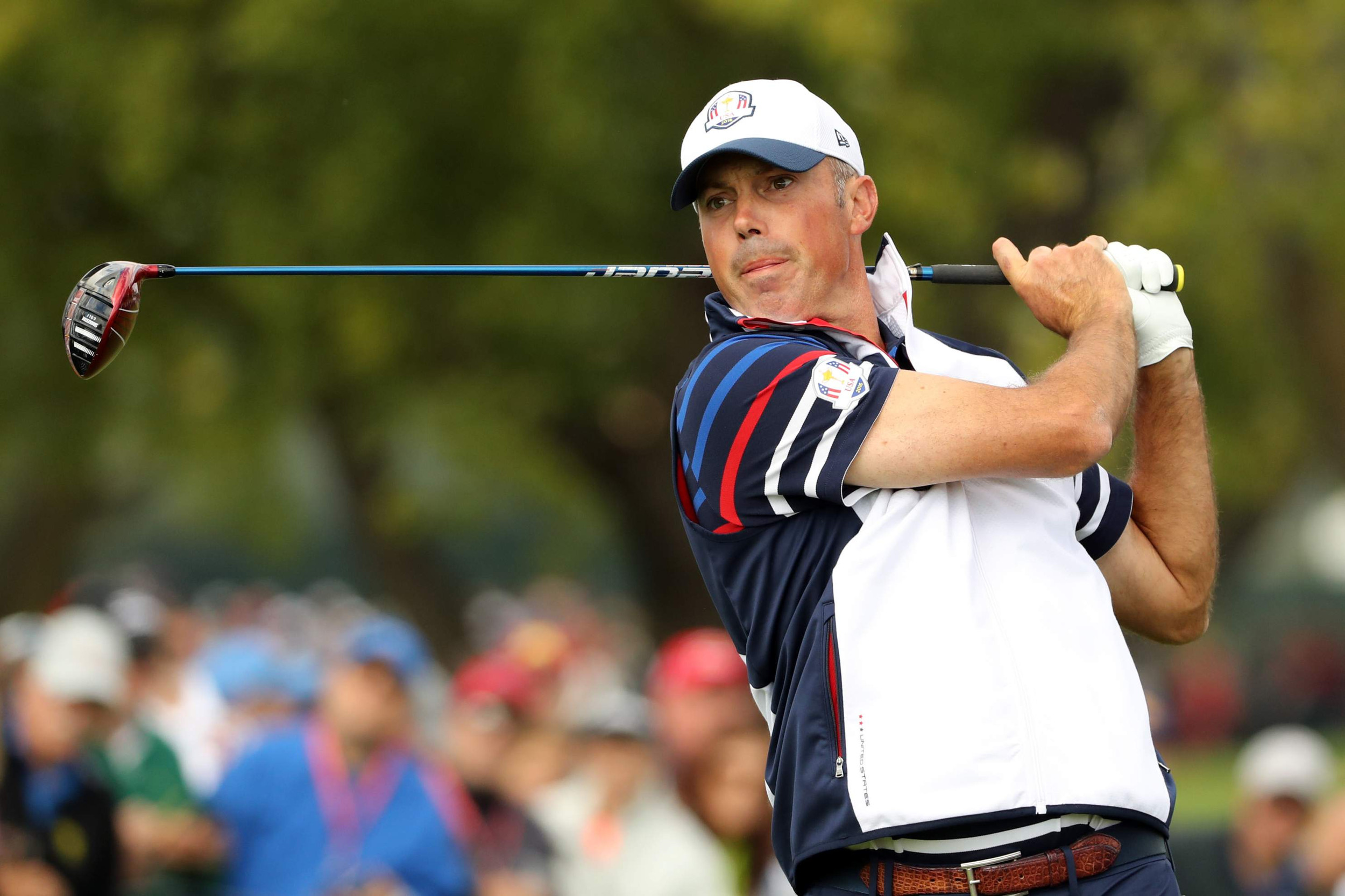 Matt Kuchar plays his shot from the 12th tee during a practice round for the 41st Ryder Cup at Hazeltine National Golf Club. Credit: Rob Schumacher-USA TODAY Sports
