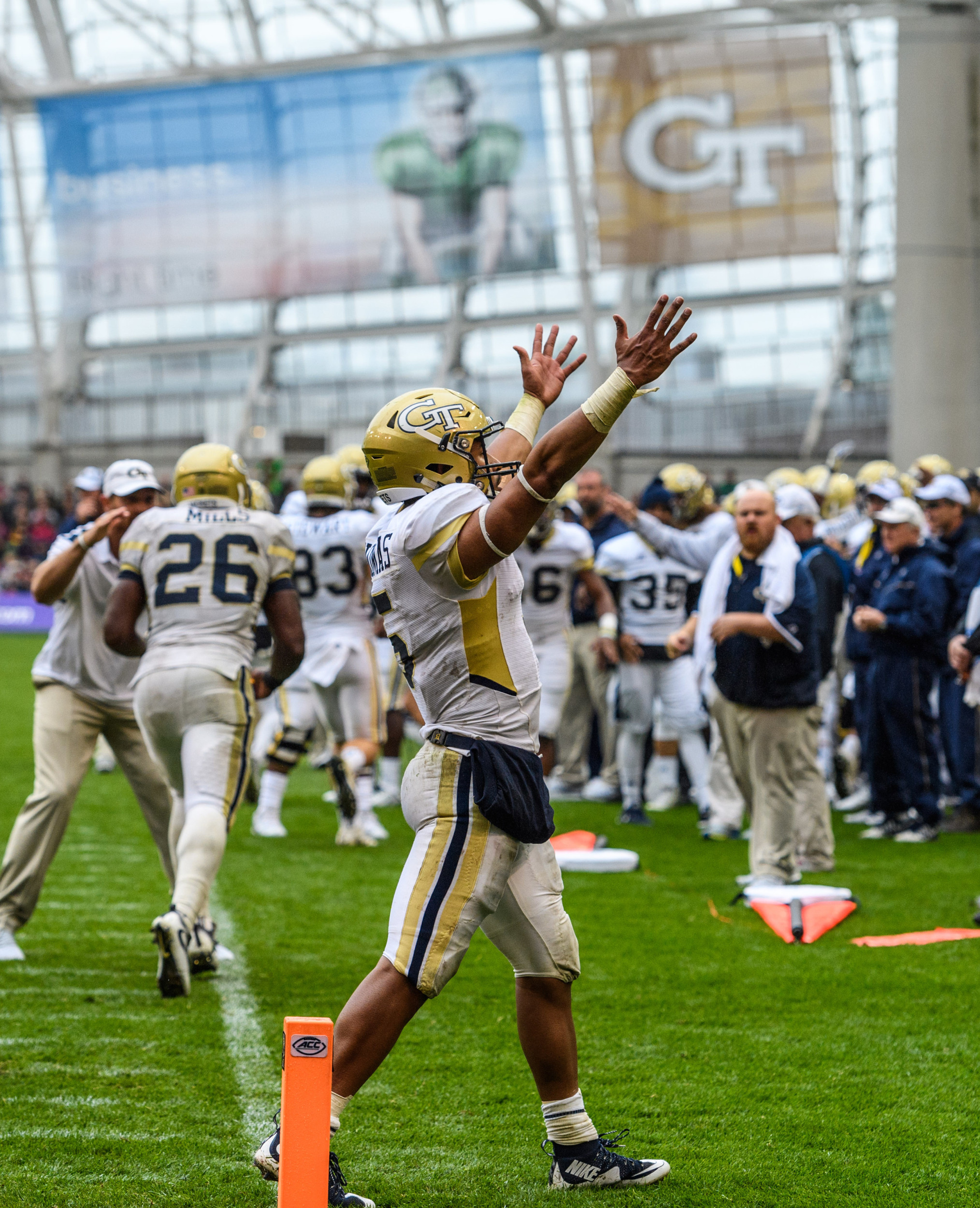 Georgia Tech Quarterback Justin Thomas (5) gestures to the crowd during the second half of an NCAA football game, Saturday, Sept. 3, 2016, in Dublin, Ireland. (Danny Karnik/Georgia Tech via AP)