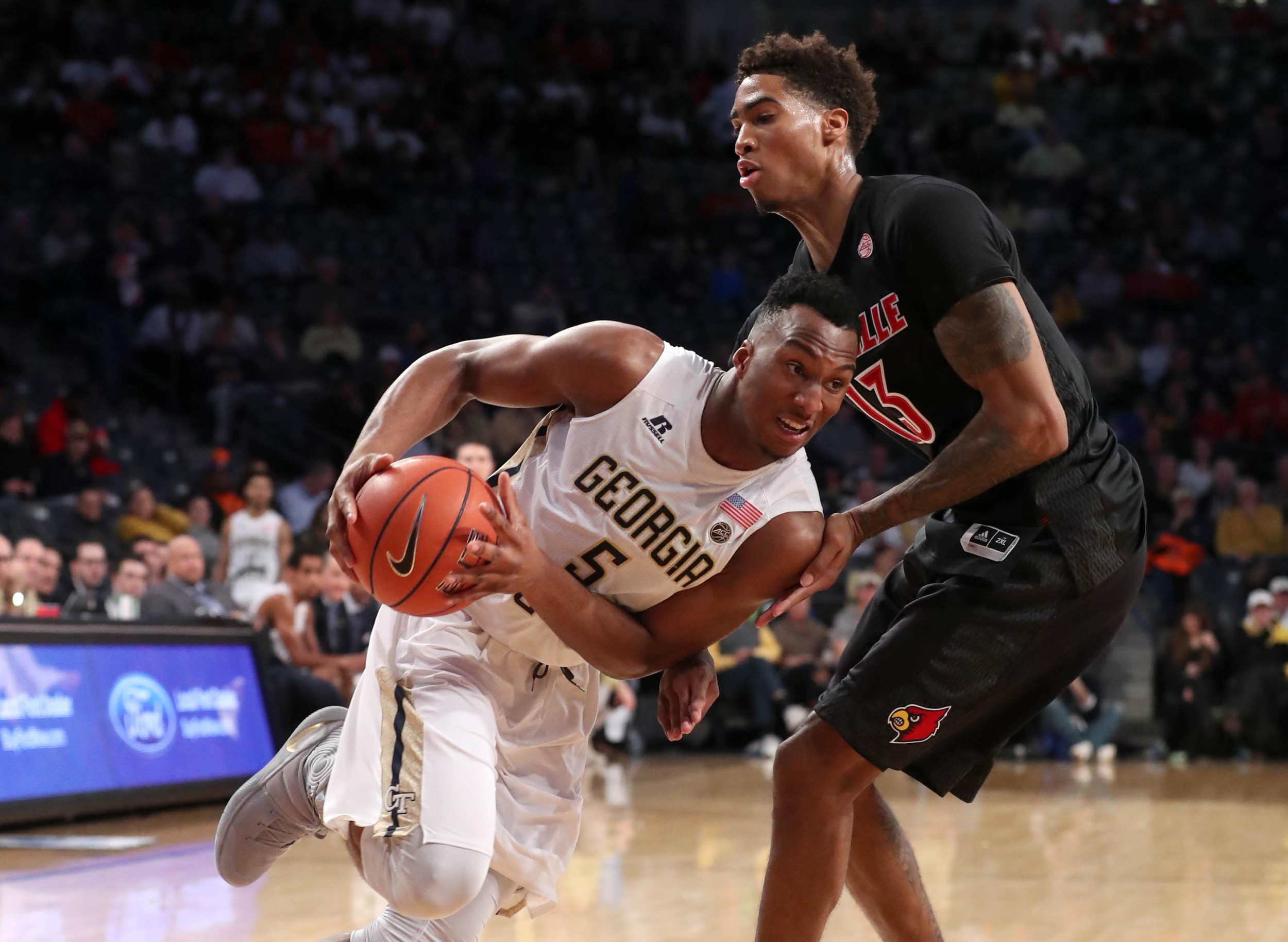 Yellow Jackets guard Josh Okogie (5) drives. Jason Getz-USA TODAY Sports