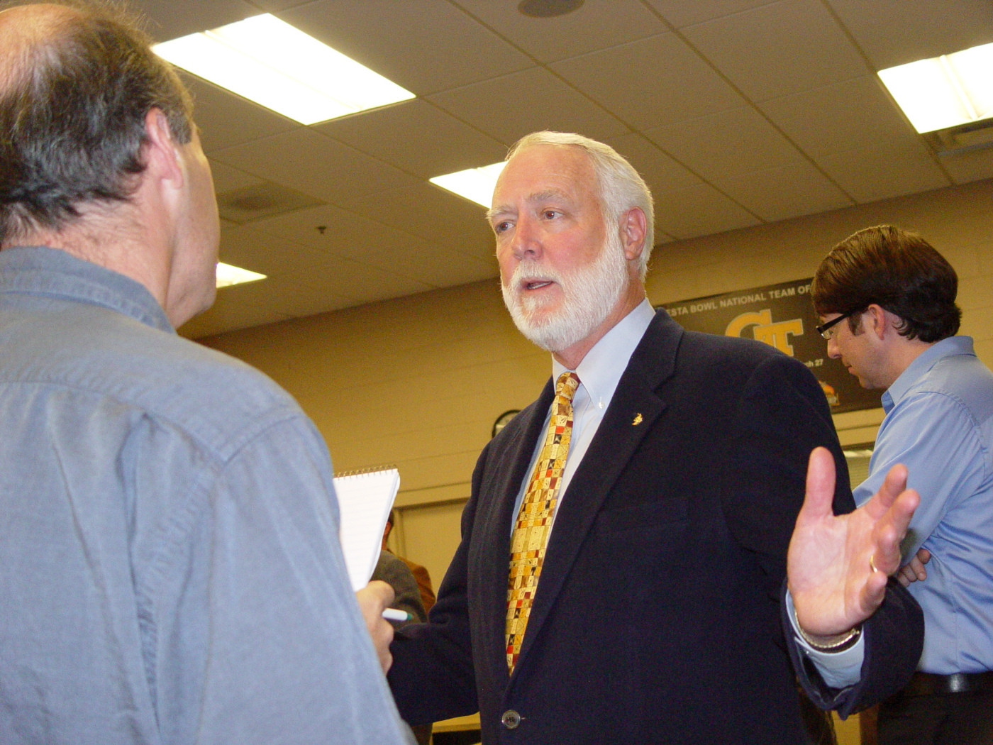 Tech president Wayne Clough speaking to members of the media.