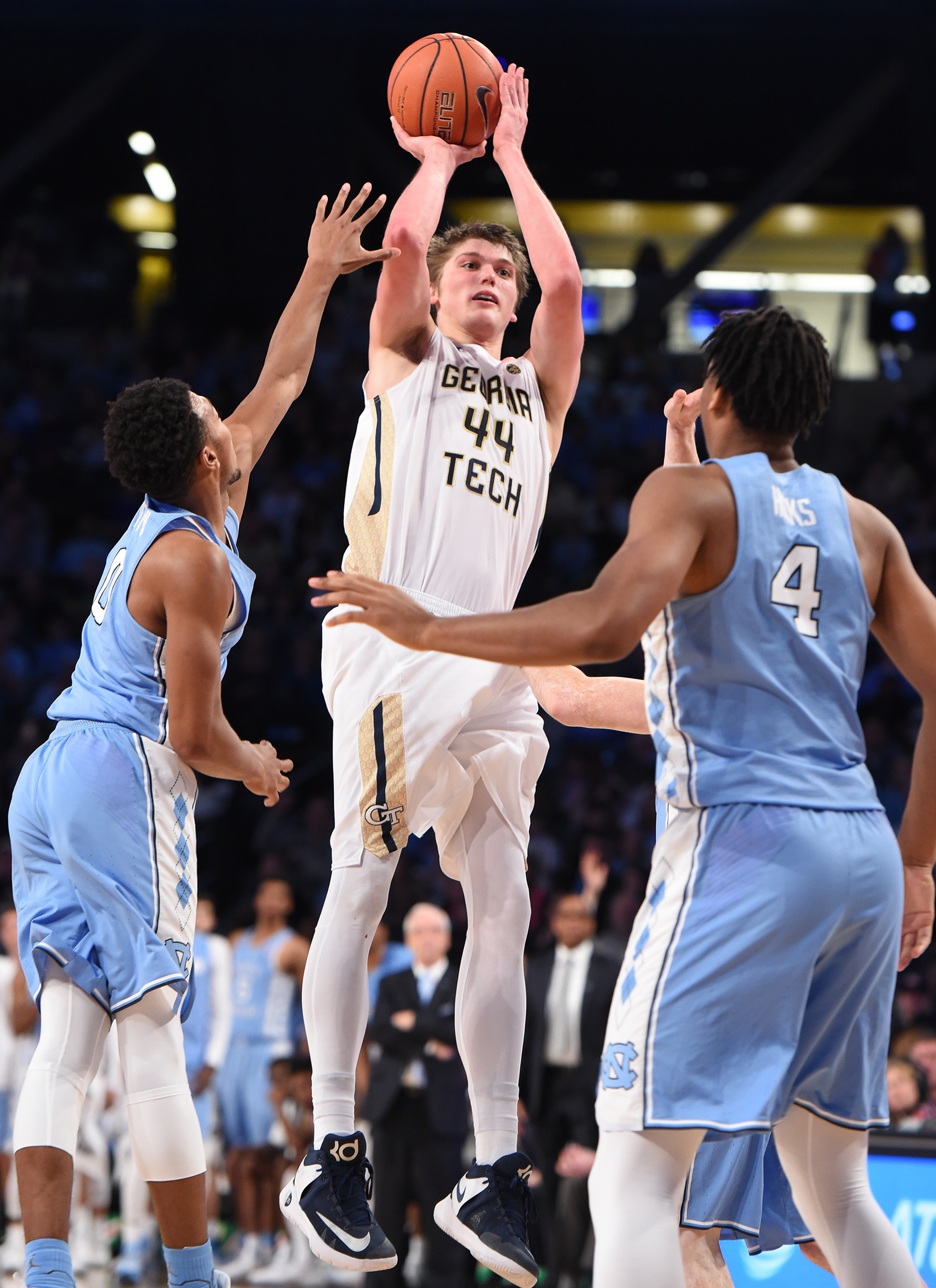 Georgia Tech Yellow Jackets center Ben Lammers (44) takes a shot against the North Carolina Tar Heels at McCamish Pavilion. Adam Hagy-USA TODAY Sports