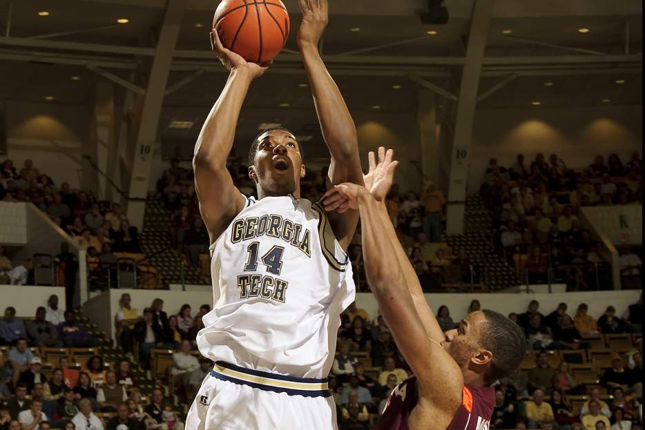 Mar 6, 2010; Atlanta, GA, USA; Georgia Tech Yellow Jackets forward Derrick Favors (14) drives to the basket for a shot against the Virginia Tech Hokies during the first half at Alexander Memorial Coliseum.