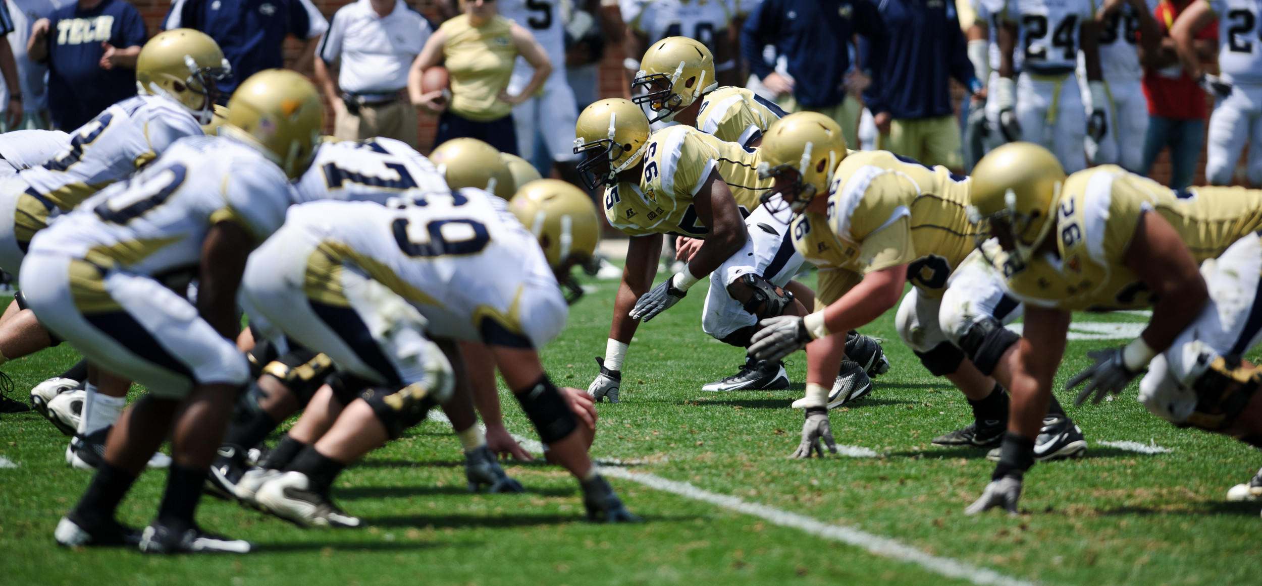Christopher Crenshaw (95) and the defensive line wait for the snap.