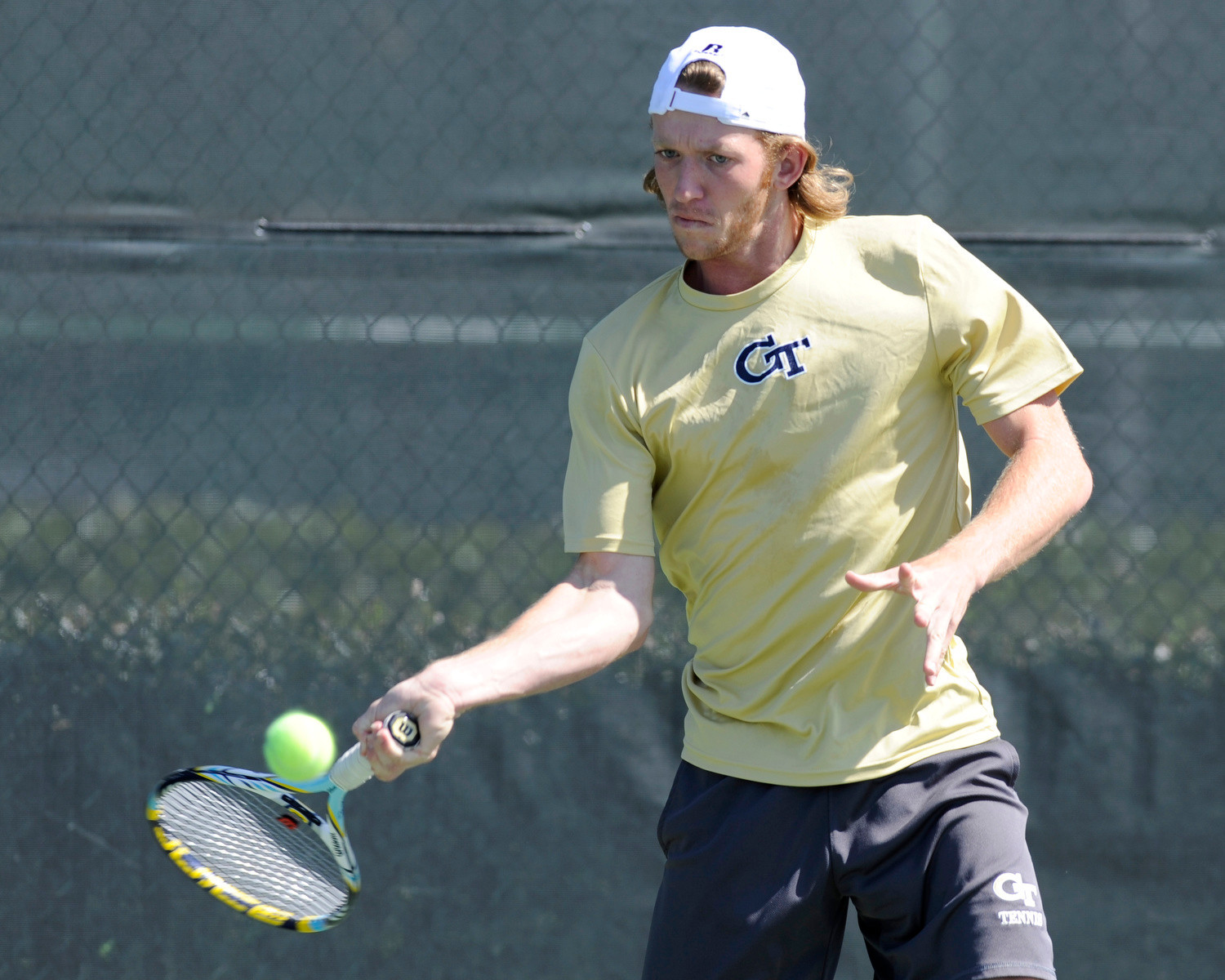 Georgia Tech's Michael Kay returns the ball during the 2015 ACC Menâs Tennis Championship match in Cary, N.C., Thursday, April 23, 2015. (Photo by Liz Condo, theACC.com)