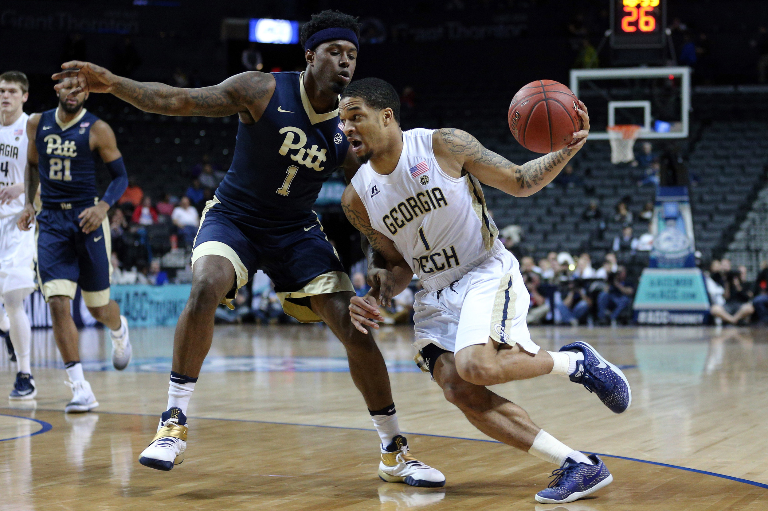 Gard Tadric Jackson drives against Pittsburgh Panthers forward Jamel Artis during the first half of an ACC Conference Tournament game at Barclays Center. Credit: Brad Penner-USA TODAY Sports