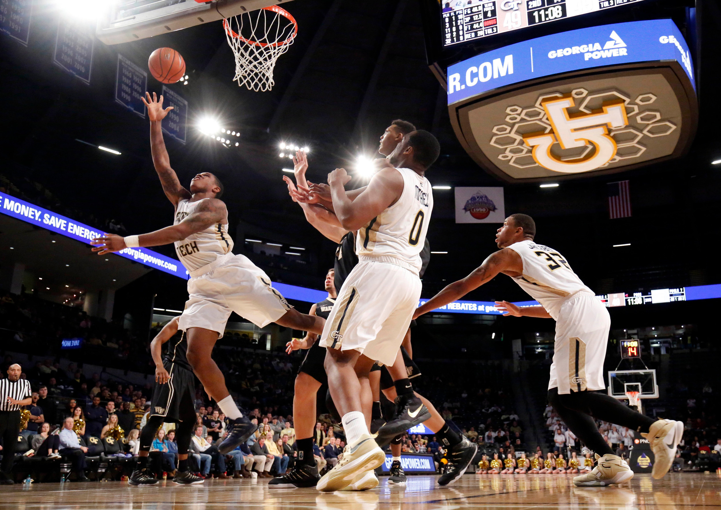 Feb 10, 2016; Atlanta, GA, USA; Georgia Tech Yellow Jackets guard Marcus Georges-Hunt (3) attempts a shot. Credit: Jason Getz-USA TODAY Sports