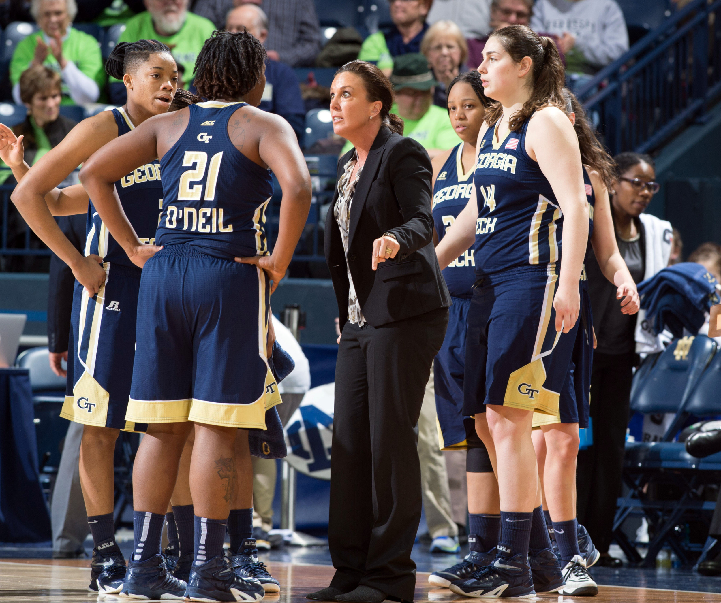 MaChelle Joseph talks to her team during a time out. Credit: Matt Cashore-USA TODAY Sports