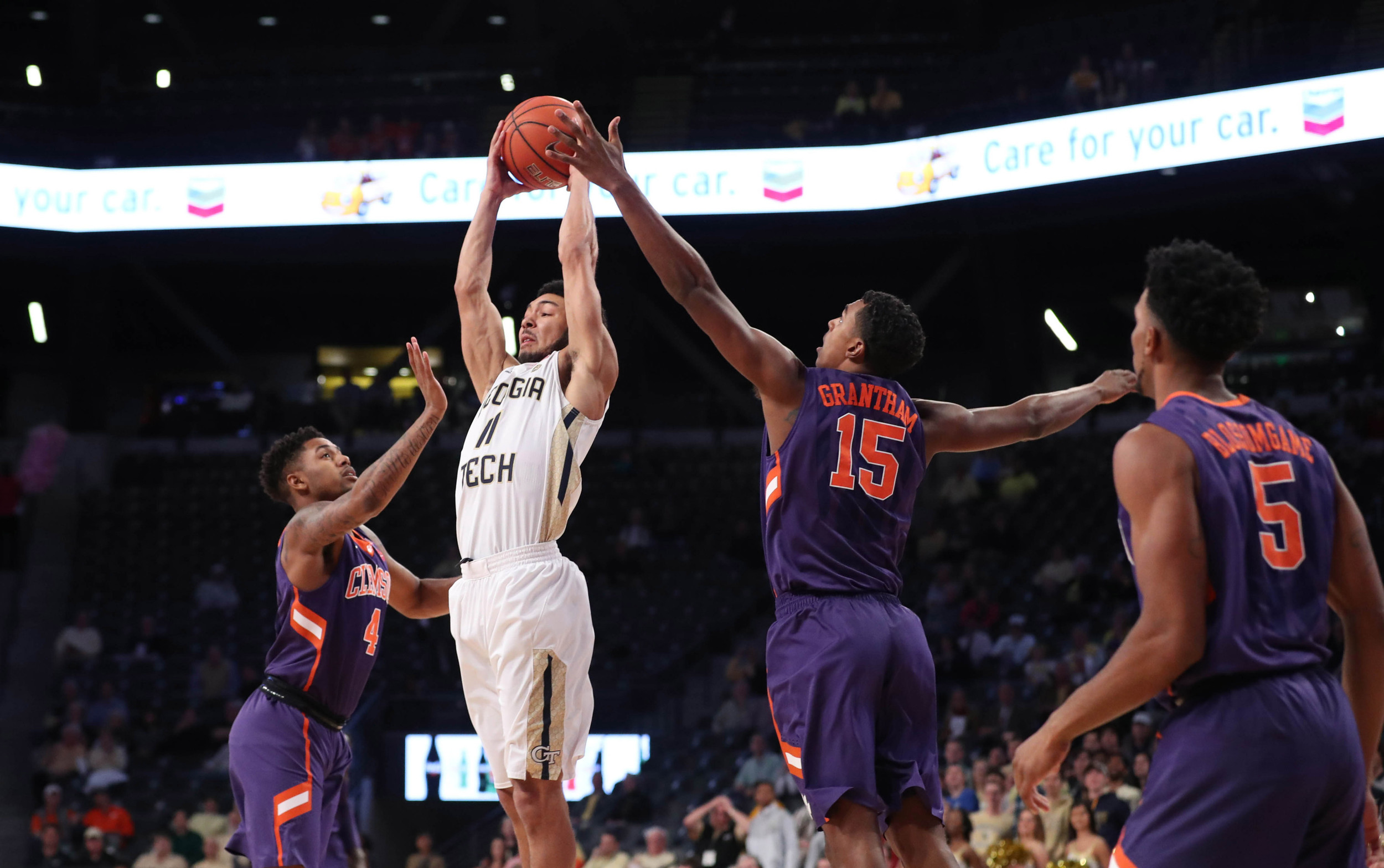 Georgia Tech Yellow Jackets guard Josh Heath grabs a rebound in the first half at McCamish Pavilion. Jason Getz-USA TODAY Sports