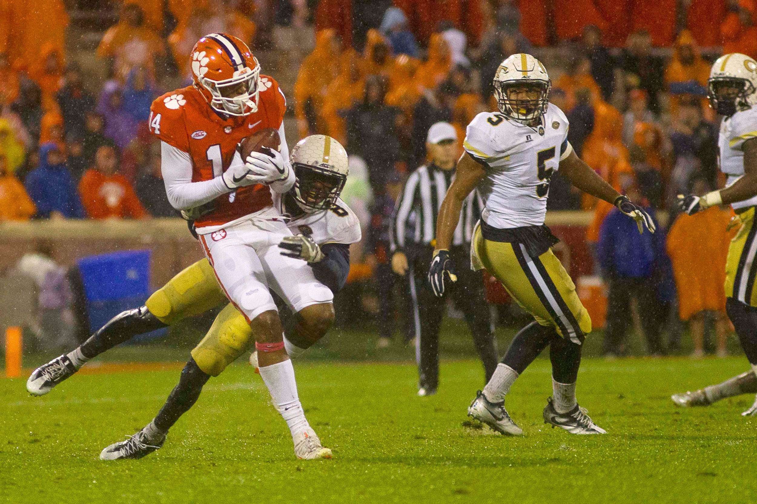 Oct 28, 2017; Clemson, SC, USA; Clemson Tigers wide receiver Diondre Overton (14) makes a reception while being defended by Georgia Tech Yellow Jackets defensive back Step Durham (8) during the first half at Clemson Memorial Stadium. Mandatory Credit: Joshua S. Kelly-USA TODAY Sports