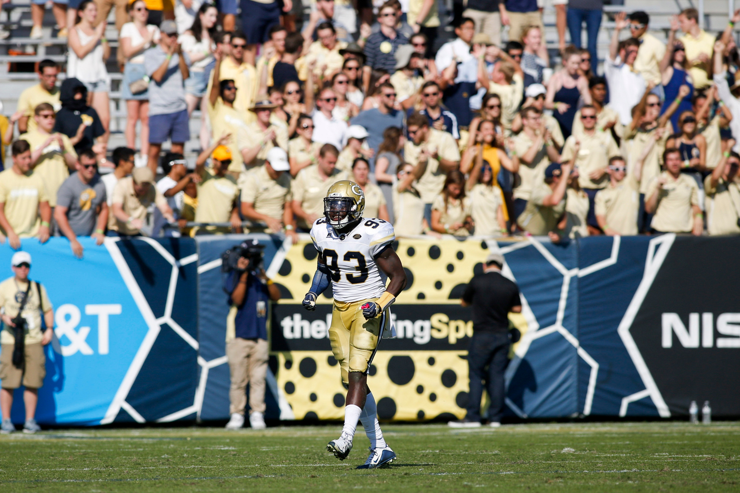 Yellow Jackets defensive lineman Antonio Simmons (93) shows emotion in the fourth quarter at Bobby Dodd Stadium. Brett Davis-USA TODAY Sports