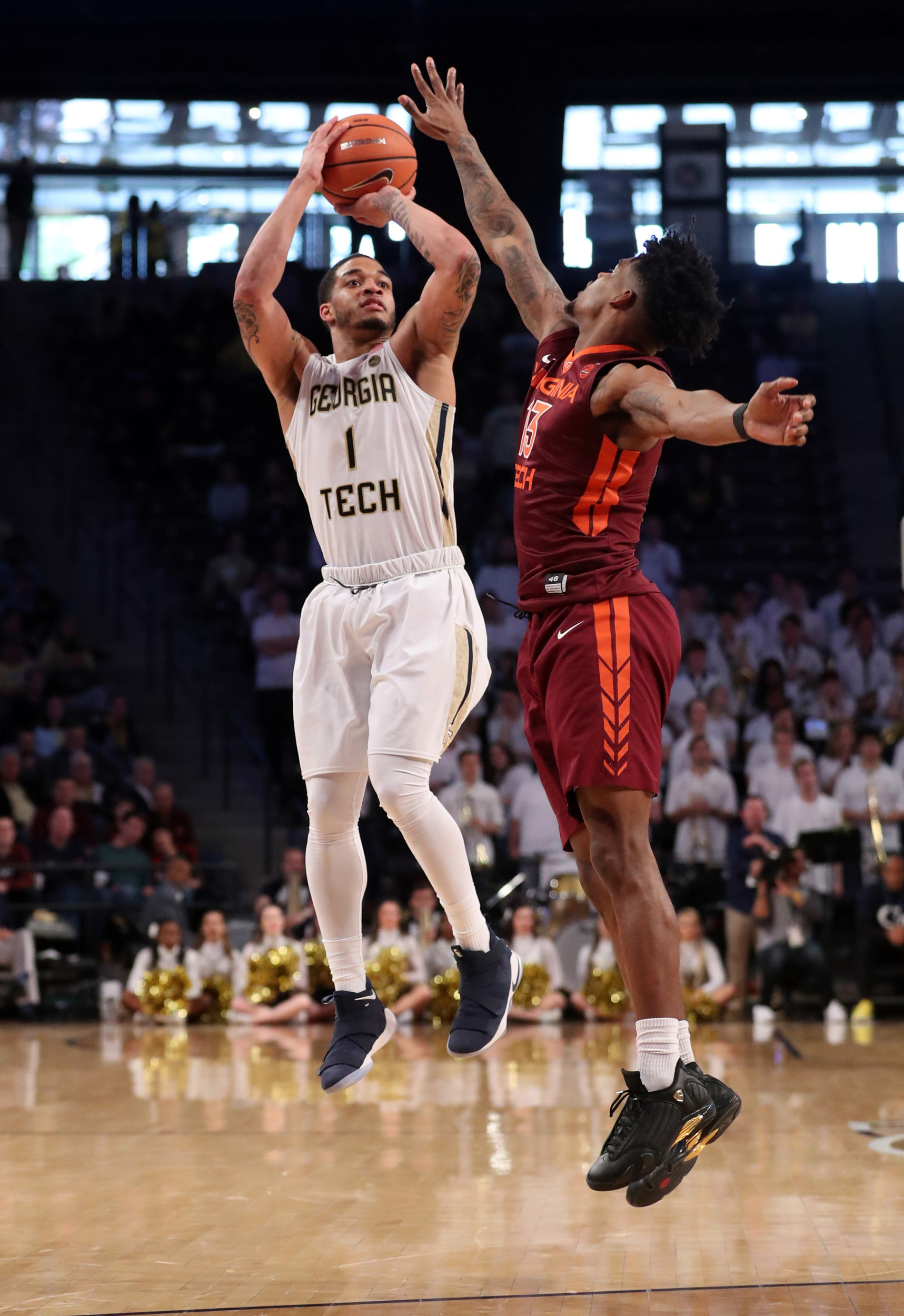 Feb 17, 2018; Atlanta, GA, USA; Georgia Tech Yellow Jackets guard Tadric Jackson (1) attempts a three-point basket. Jason Getz-USA TODAY Sports