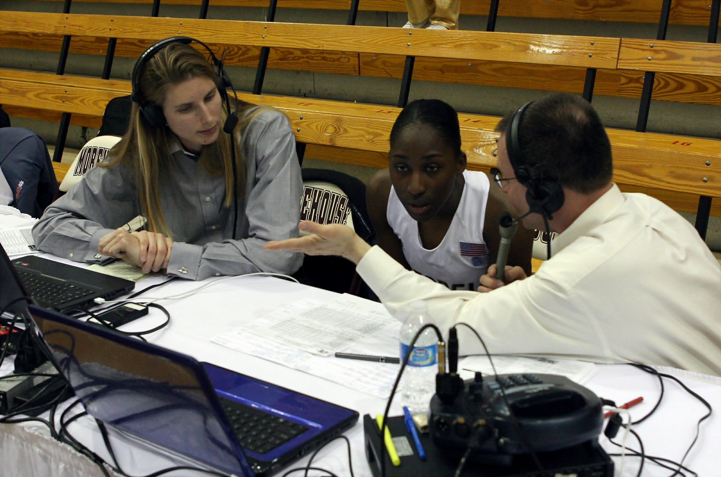Freshman Sydney Wallace talks with the Yellow Jacket radio crew after the win over Clemson.