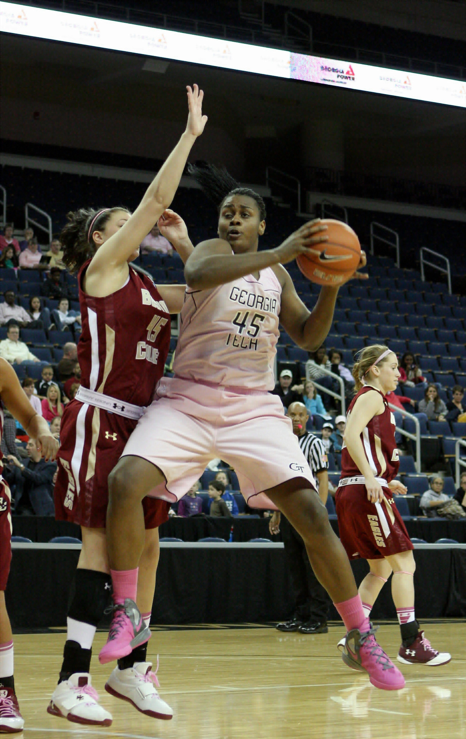 Sasha Goodlett works on the post against Boston College.