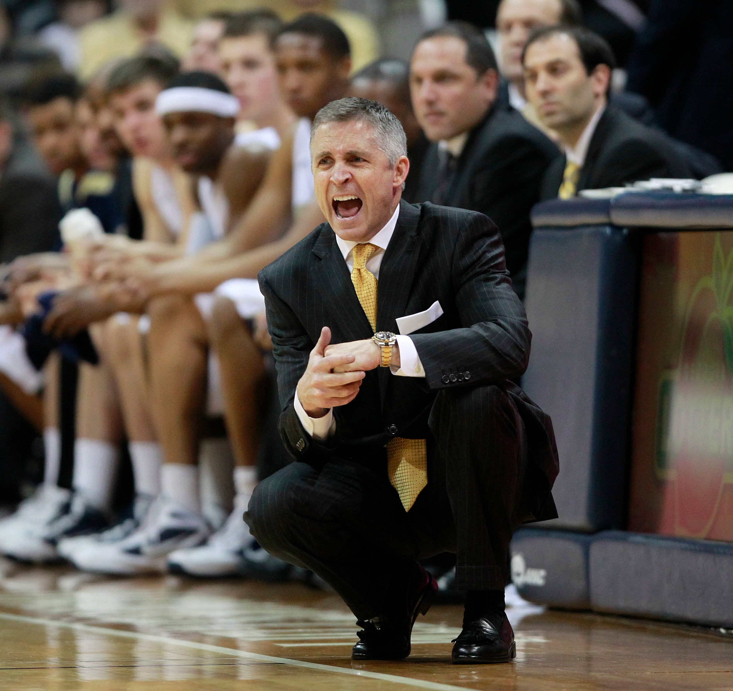 Georgia Tech head coach Brian Gregory yells to his players from the sideline during first half action in an NCAA college basketball game against Wake Forest Saturday, March 3, 2012 (AP Photo/John Bazemore)