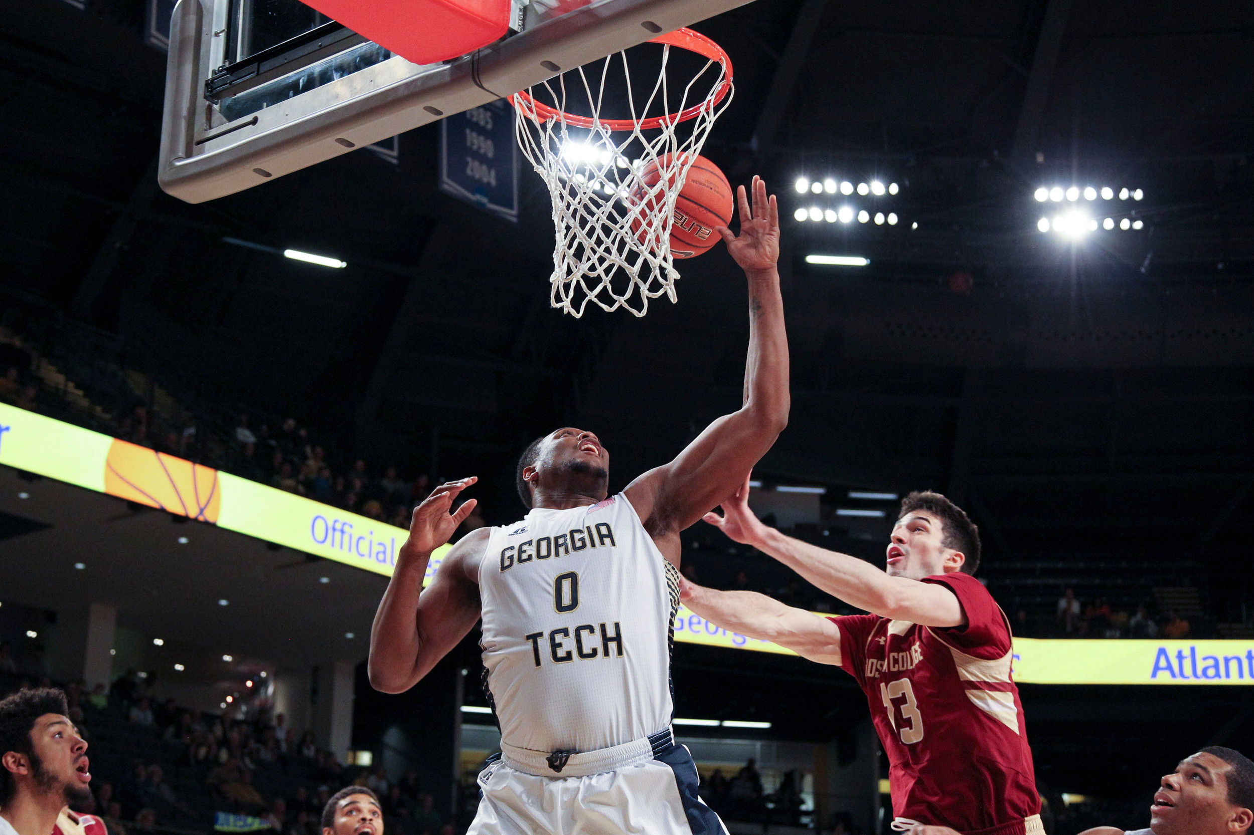 Jan 25, 2015; Atlanta, GA, USA; Georgia Tech Yellow Jackets forward Charles Mitchell (0) grabs a rebound against the Boston College Eagles in the first half at McCamish Pavilion. Mandatory Credit: Brett Davis-USA TODAY Sports