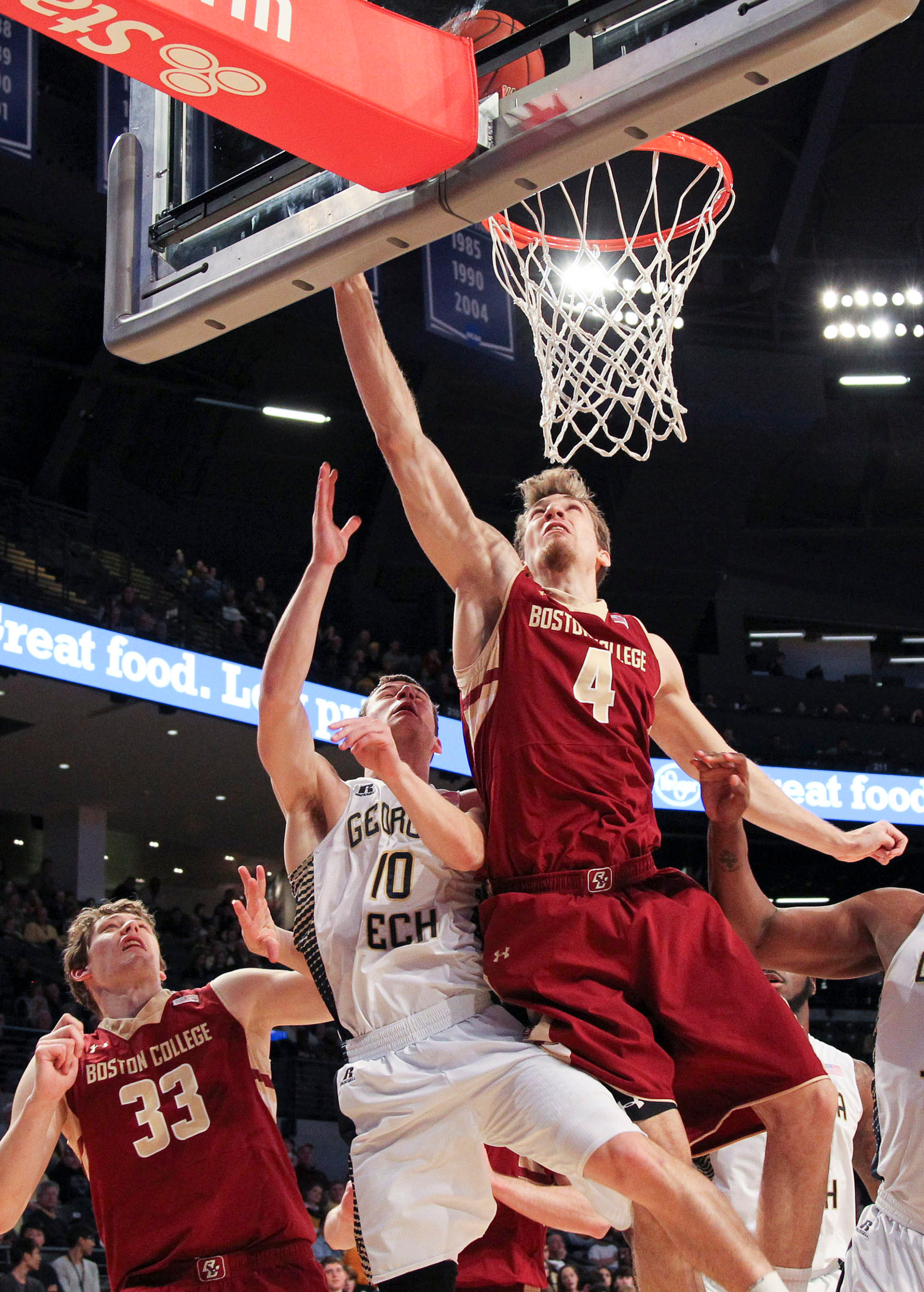 Jan 25, 2015; Atlanta, GA, USA; Boston College Eagles forward Eddie Odio (4) scores a basket against the Georgia Tech Yellow Jackets in the first half at McCamish Pavilion. Mandatory Credit: Brett Davis-USA TODAY Sports
