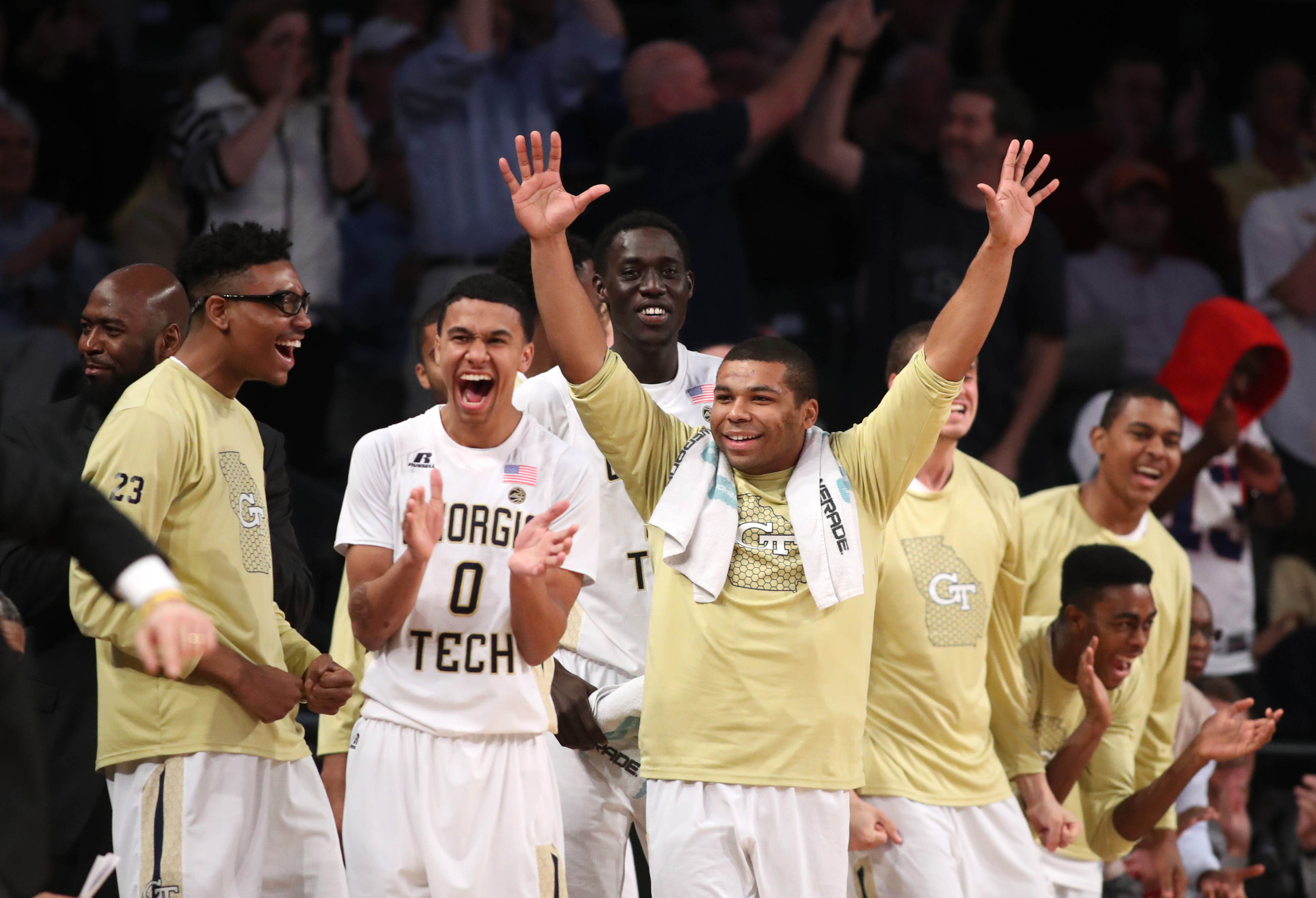 Georgia Tech Yellow Jackets guard Justin Moore and guard Corey Heyward celebrate a play in the second half of their game against the Clemson Tigers at McCamish Pavilion. Georgia Tech won 75-63. Jason Getz-USA TODAY Sports
