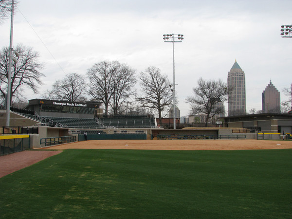 Softball team practices in its new stadium for the first time.