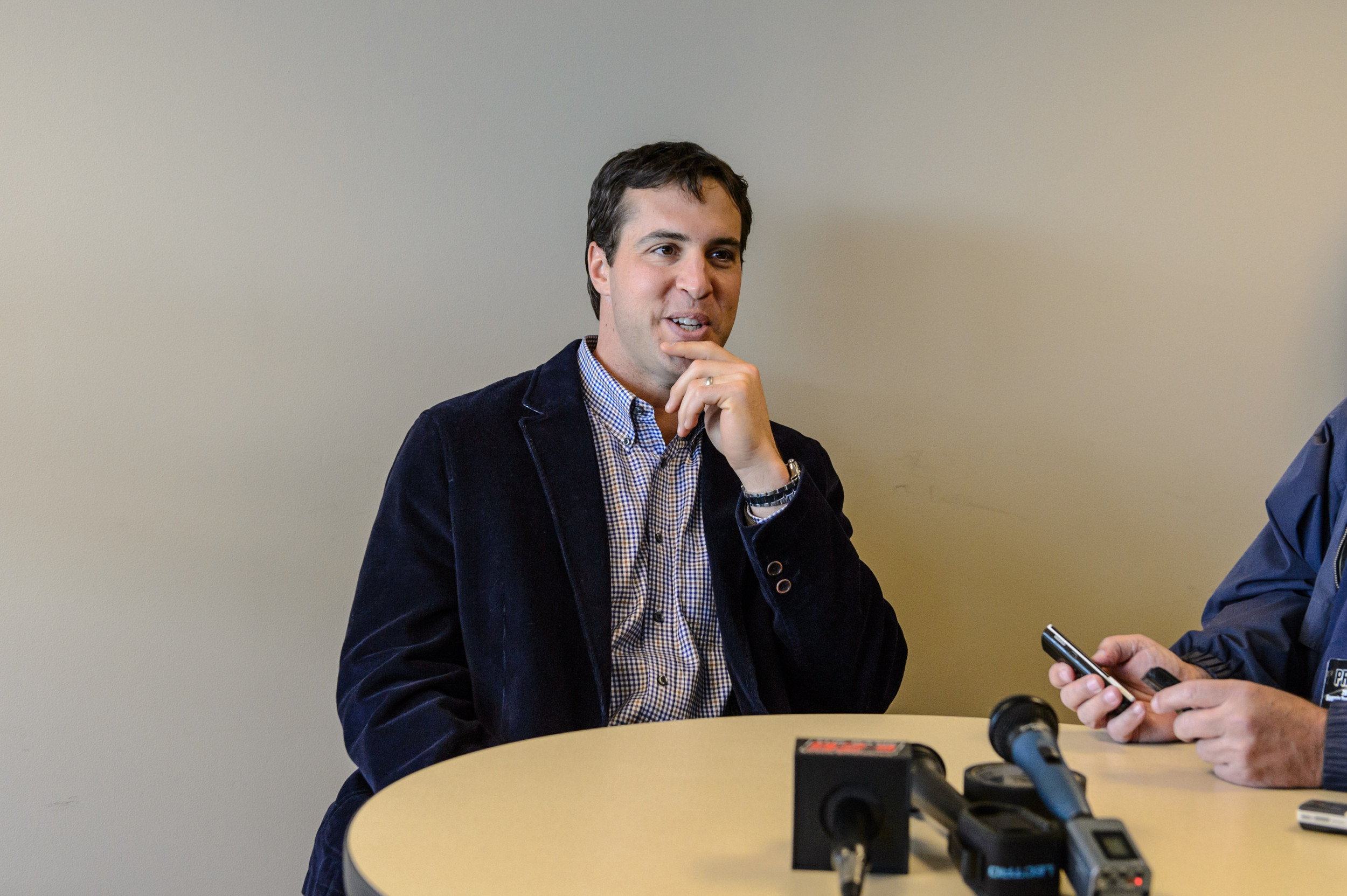 Yellow Jacket Hall of Famer Mark Teixeira meets with the press before throwing out the first pitch.