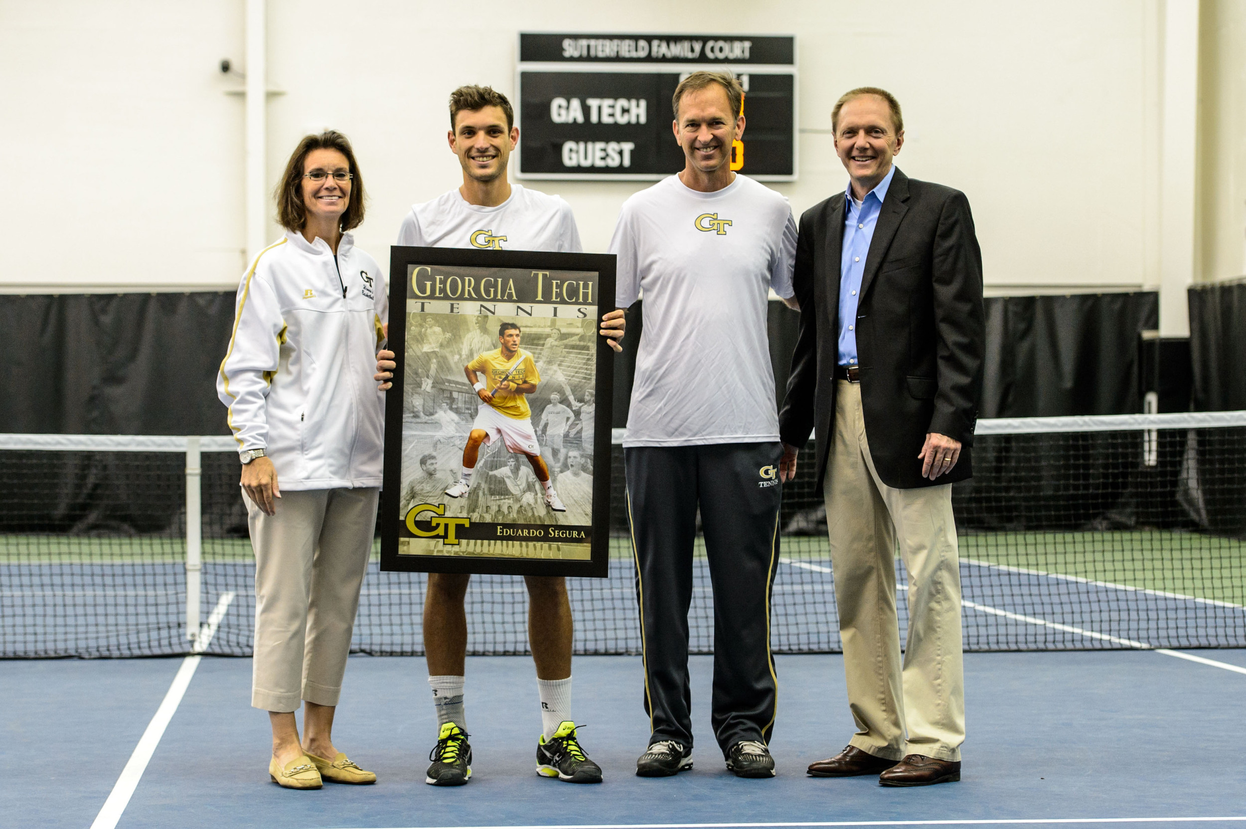 Associate AD/SWA Theresa Wenzel, Eduardo Segura, Coach Kenny Thorne, Deputy Director of Athletics Brett Daniels