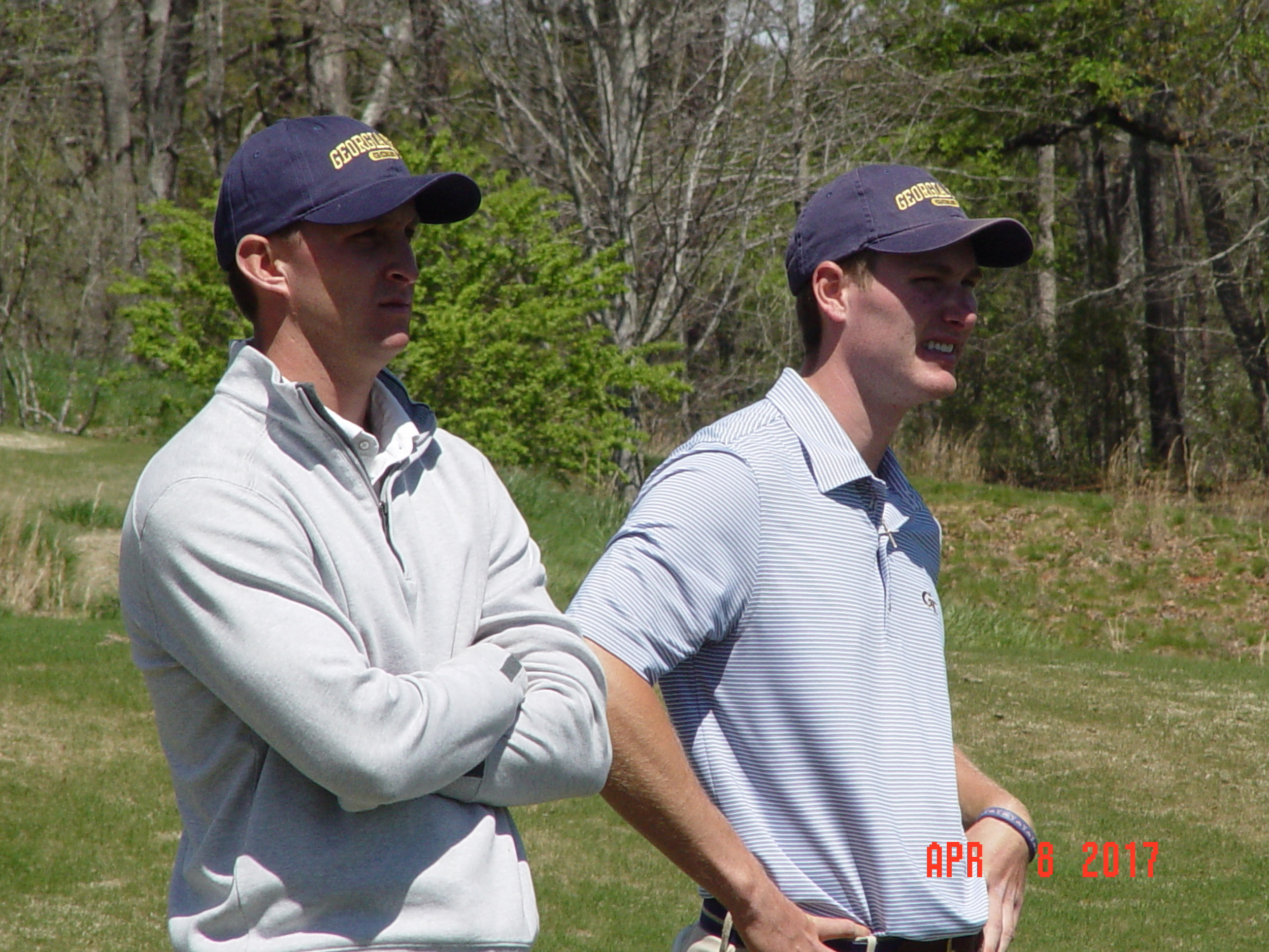 Vincent Whaley with assistant coach Drew McGee during the second round of the Clemson Invitational, The Cliffs at Keowee Falls, April 8, 2017