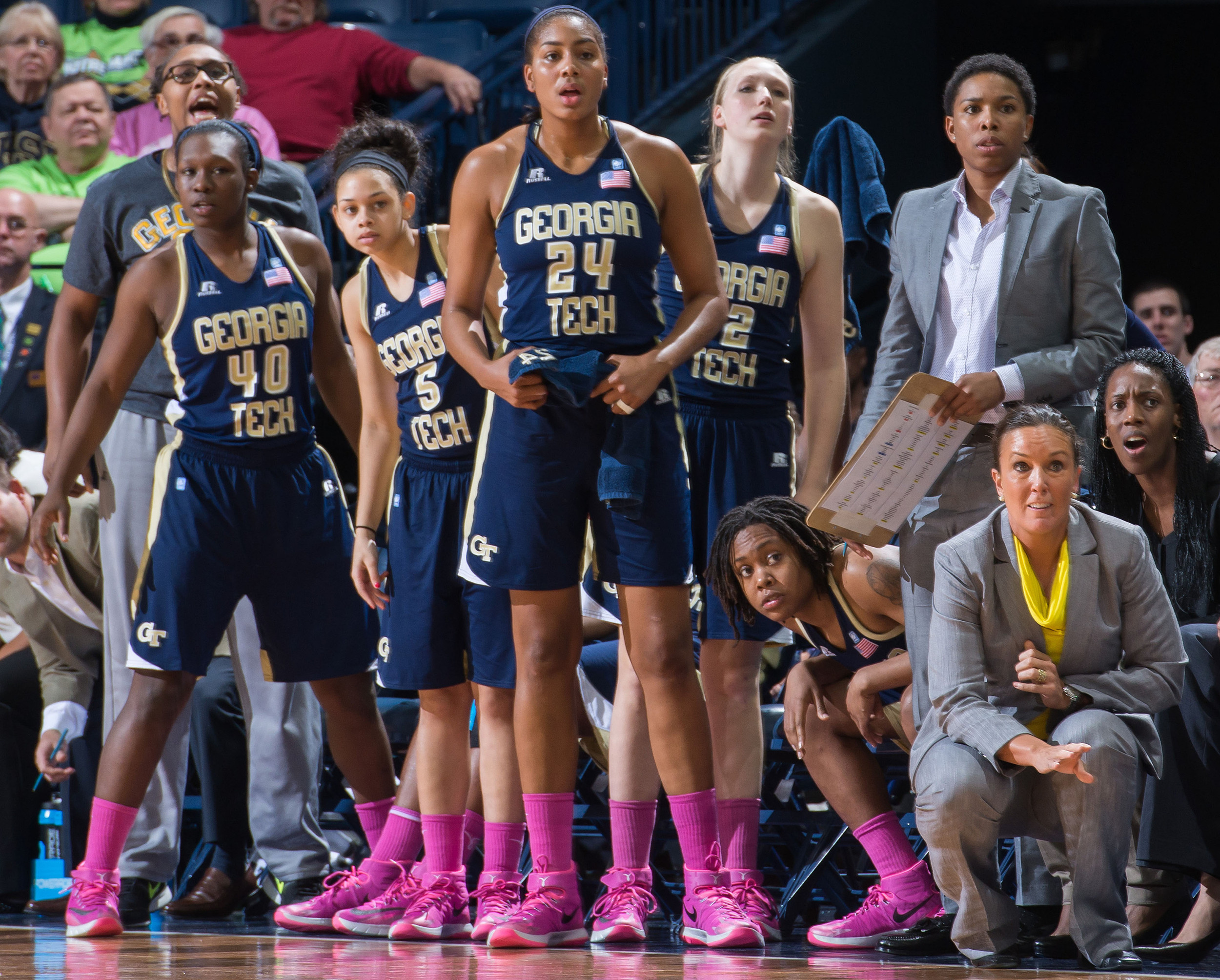 Feb 17, 2014; South Bend, IN, USA; Georgia Tech Yellow Jackets head coach MaChelle Joseph and team watch from the bench in the first half against the Notre Dame Fighting Irish at the Purcell Pavilion. Mandatory Credit: Matt Cashore-USA TODAY Sports
