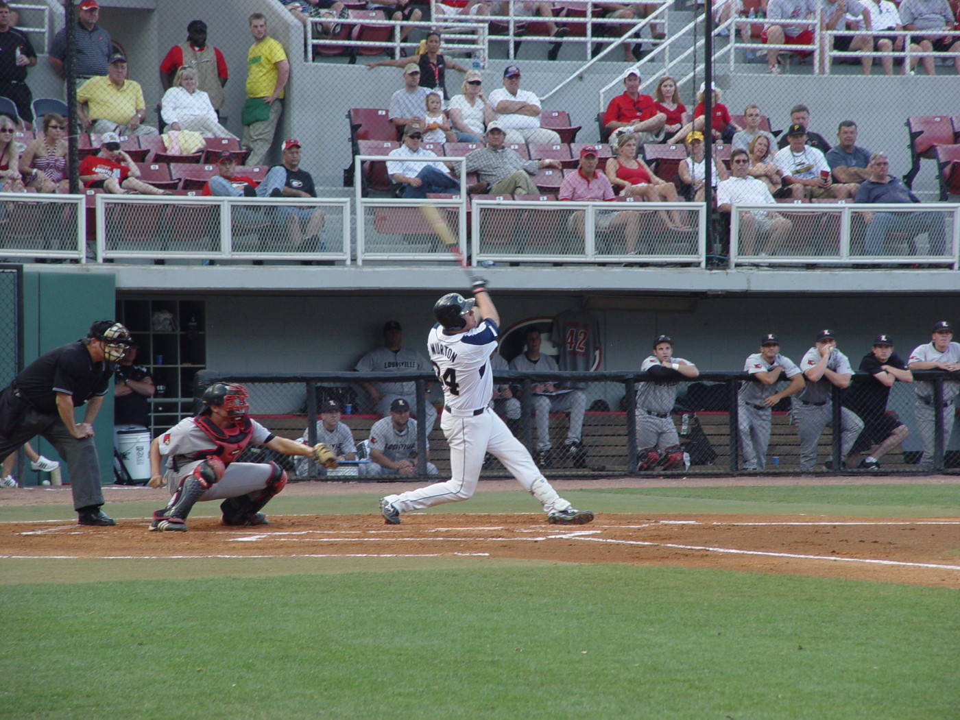 Luke Murton hits a sacrifice fly to drive in Tech's first run of the game against Louisville at the NCAA baseball regional, May 30, 2008.