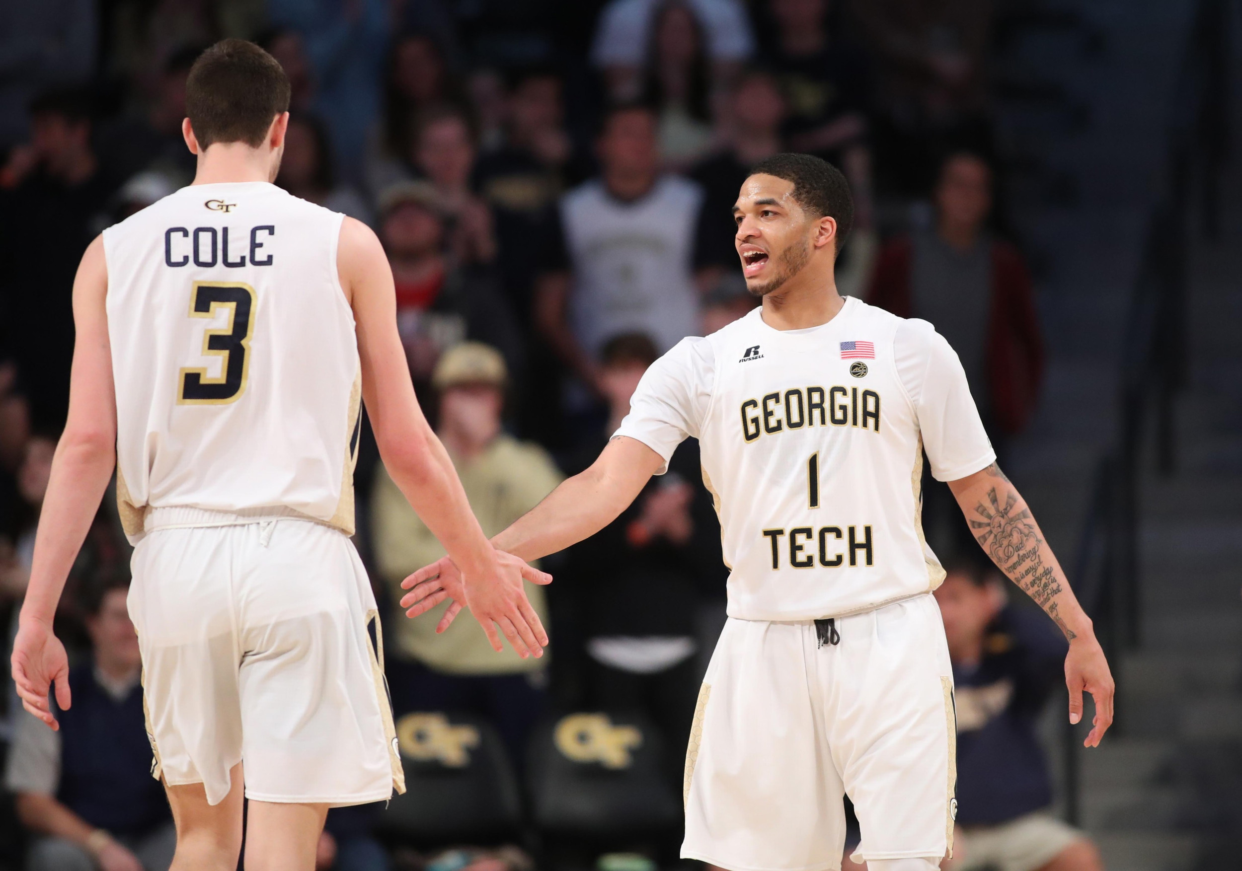 Mar 3, 2018; Atlanta, GA, USA; Georgia Tech Yellow Jackets guard Tadric Jackson (1) celebrates a play with forward Evan Cole (3) during the second half against the Wake Forest Demon Deacons at McCamish Pavilion. Mandatory Credit: Jason Getz-USA TODAY Sports