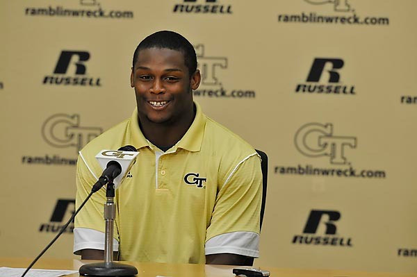 Tech B-back Jonathan Dwyer (21) meets with the media following the game against FSU. Dwyer averaged 11.2 yards per carry against FSU, the third time he has averaged more than 10 yards per carry. Photo by LensEffects