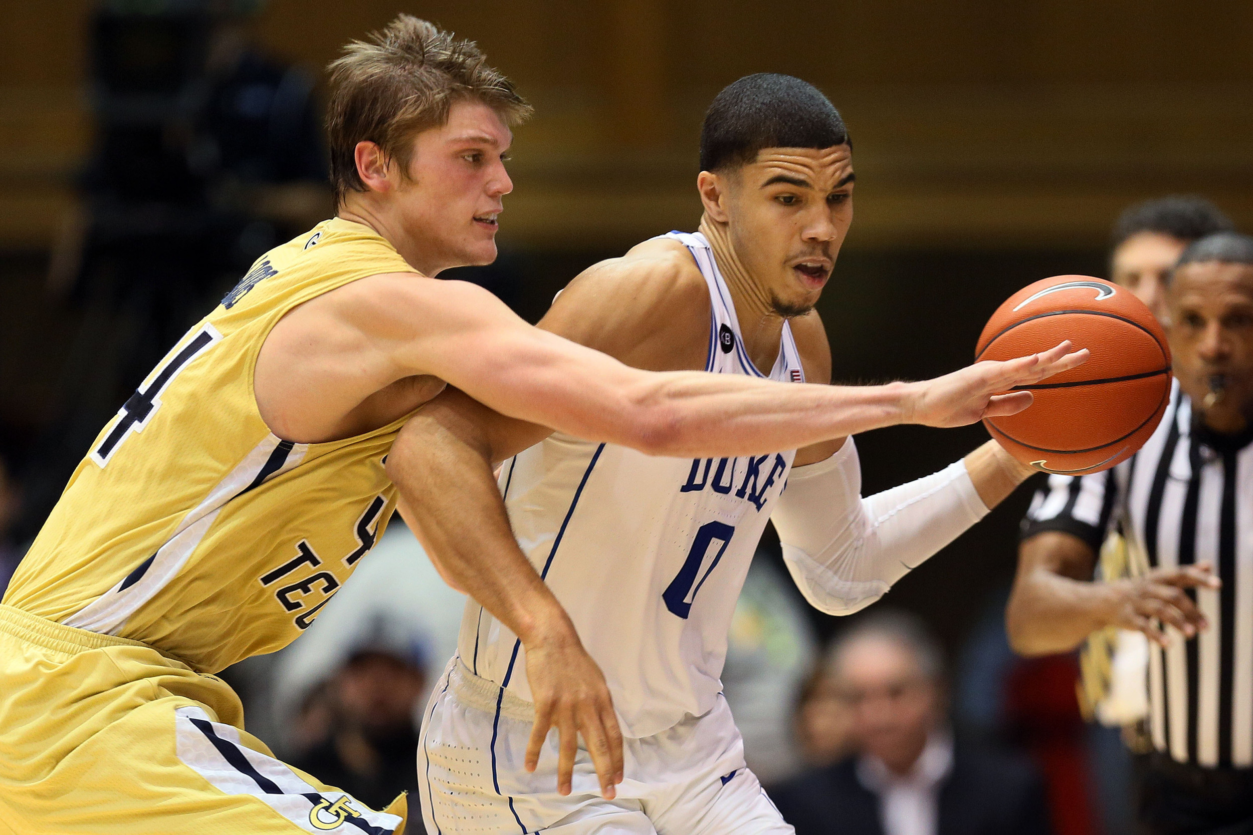 Jan 4, 2017; Ben Lammers (44) reaches for the ball against Duke Blue Devils forward Jayson Tatum (0) in the second half of their game at Cameron Indoor Stadium. Credit: Mark Dolejs-USA TODAY Sports