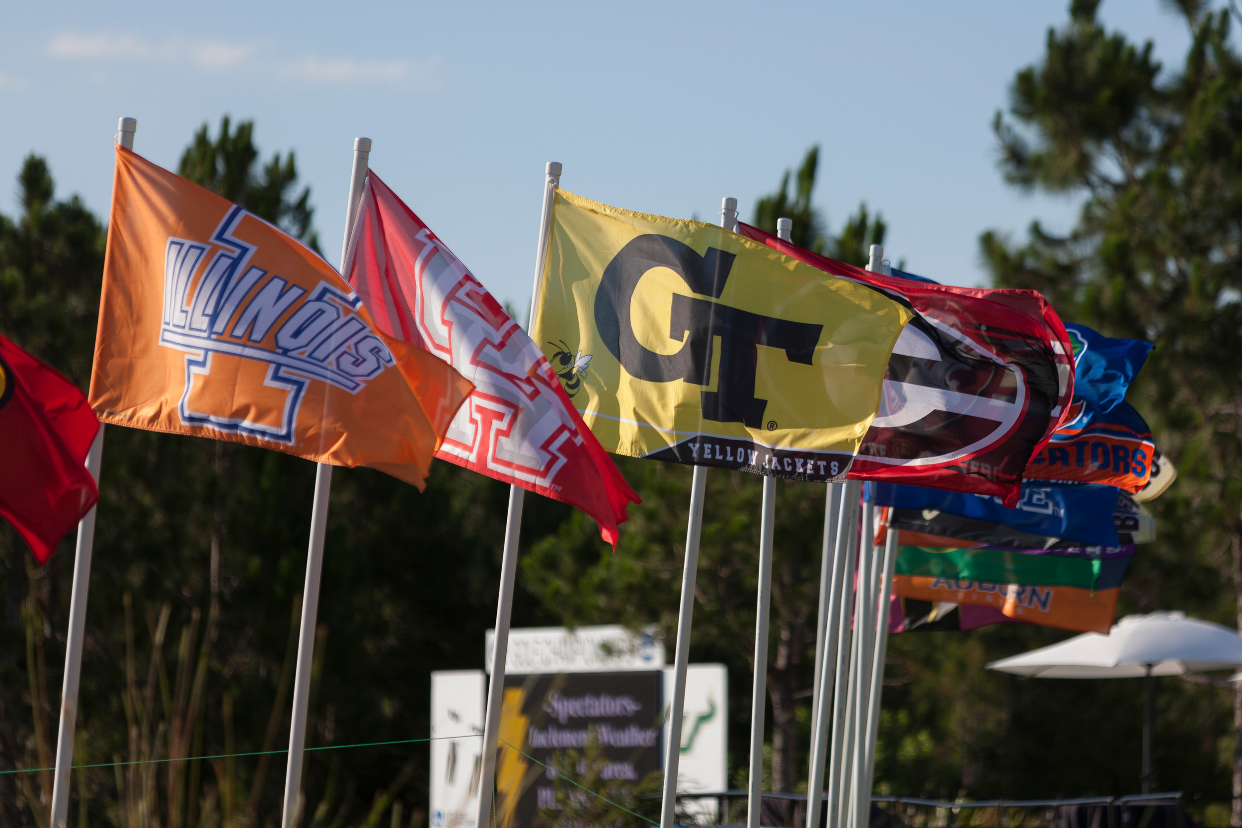 The Georgia Tech flag among the other 29 around the 18th green during the NCAA Golf Championship, May 31, 2015, The Concession Golf Club, Bradenton, Fla.