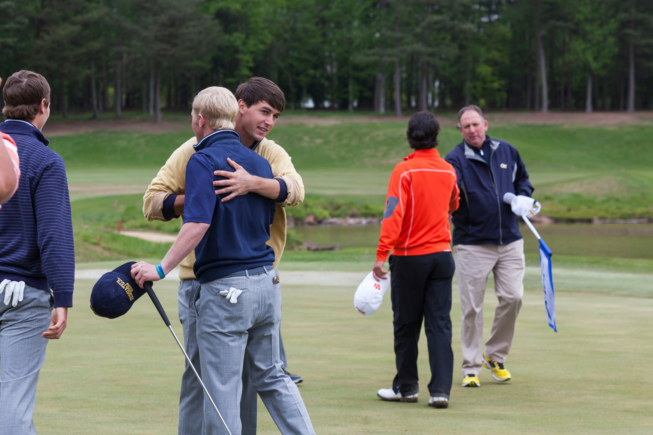 Anders Albertson is congratulated by Ollie Schniederjans following the playoff during the final round of the ACC Golf Championship, April 26, 2015, Old North State Club, New London, N.C.