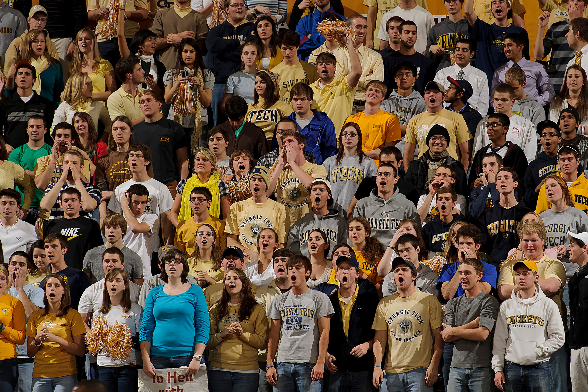 Dec 7, 2010; Atlanta, GA, USA; Georgia Tech Yellow Jackets fans yell during the second half against the Georgia Bulldogs at Alexander Memorial Coliseum. Georgia defeated Georgia Tech 73-72. Mandatory Credit: Paul Abell-US PRESSWIRE