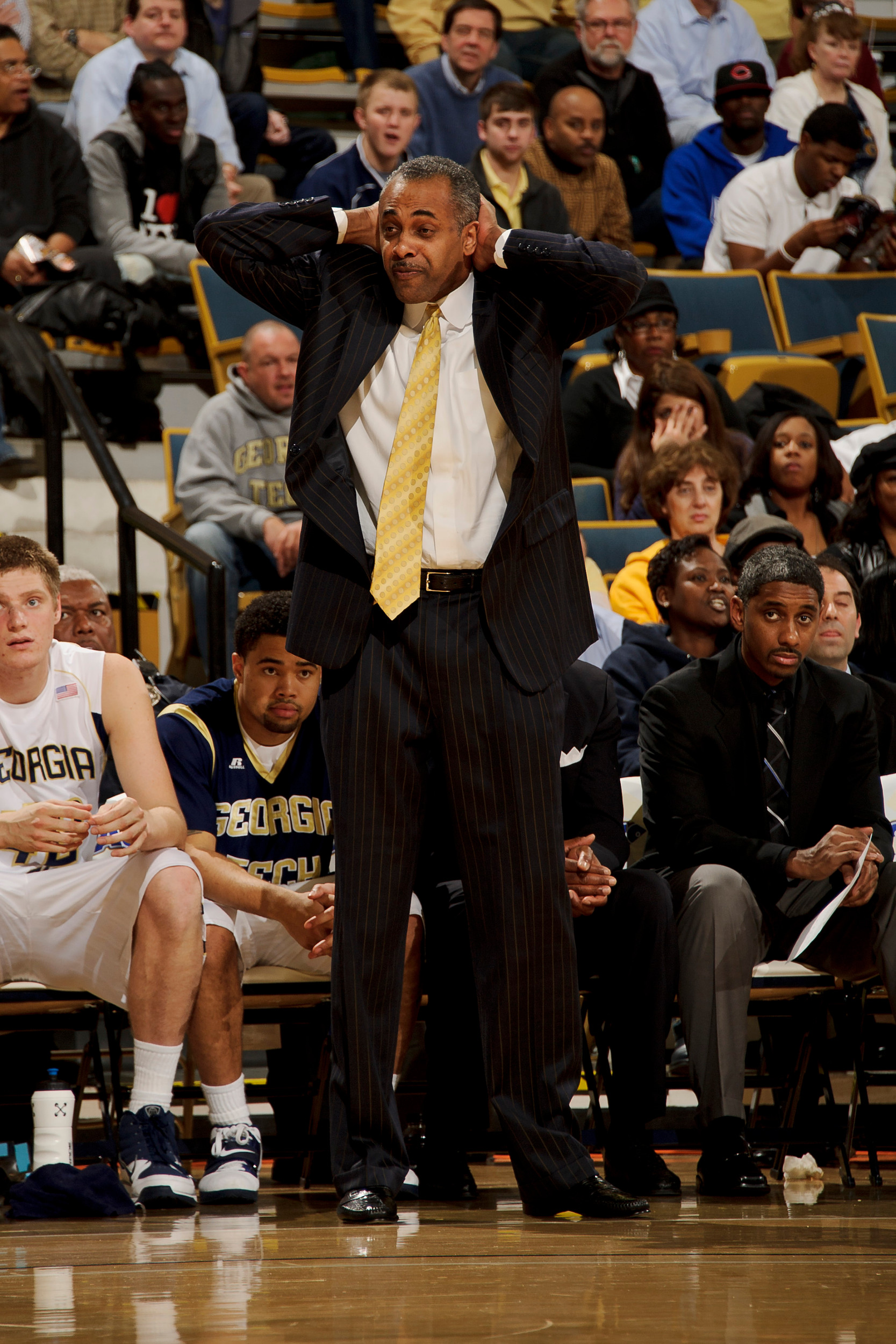 Jan 25, 2011; Atlanta, GA, USA; Georgia Tech Yellow Jackets head coach Paul Hewitt reacts against the Virginia Tech Hokies during the first half at Alexander Memorial Coliseum.