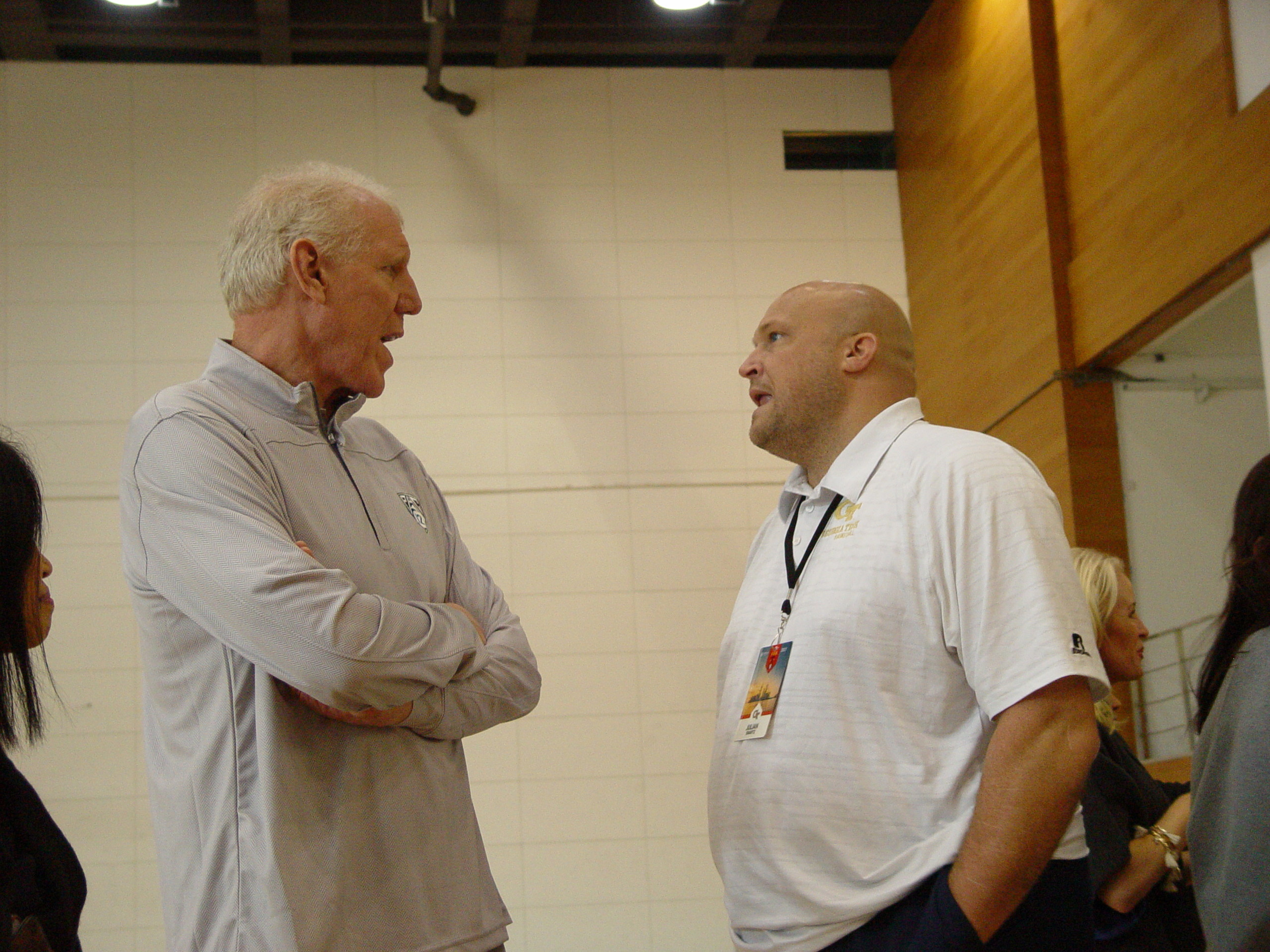 Former UCLA star and ESPN analyst Bill Walton chats with Tech director of recruiting and compliance Julian Swartz during shootaround in the gym at Alibaba, Georgia Tech in China, Alibaba visit, November 6, 2017