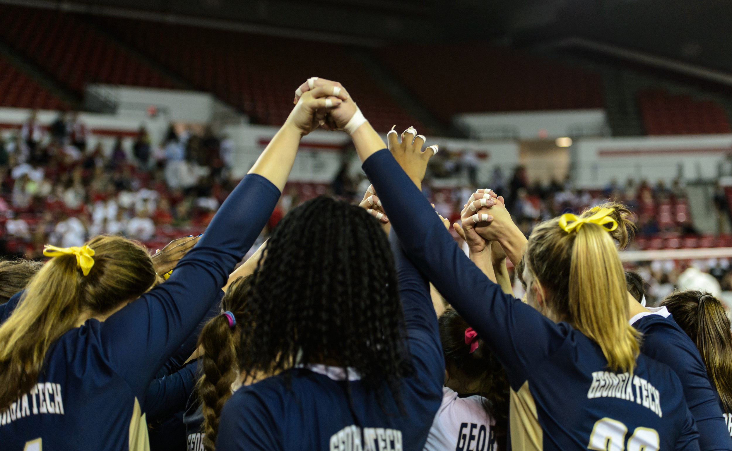 The team huddles after a timeout.