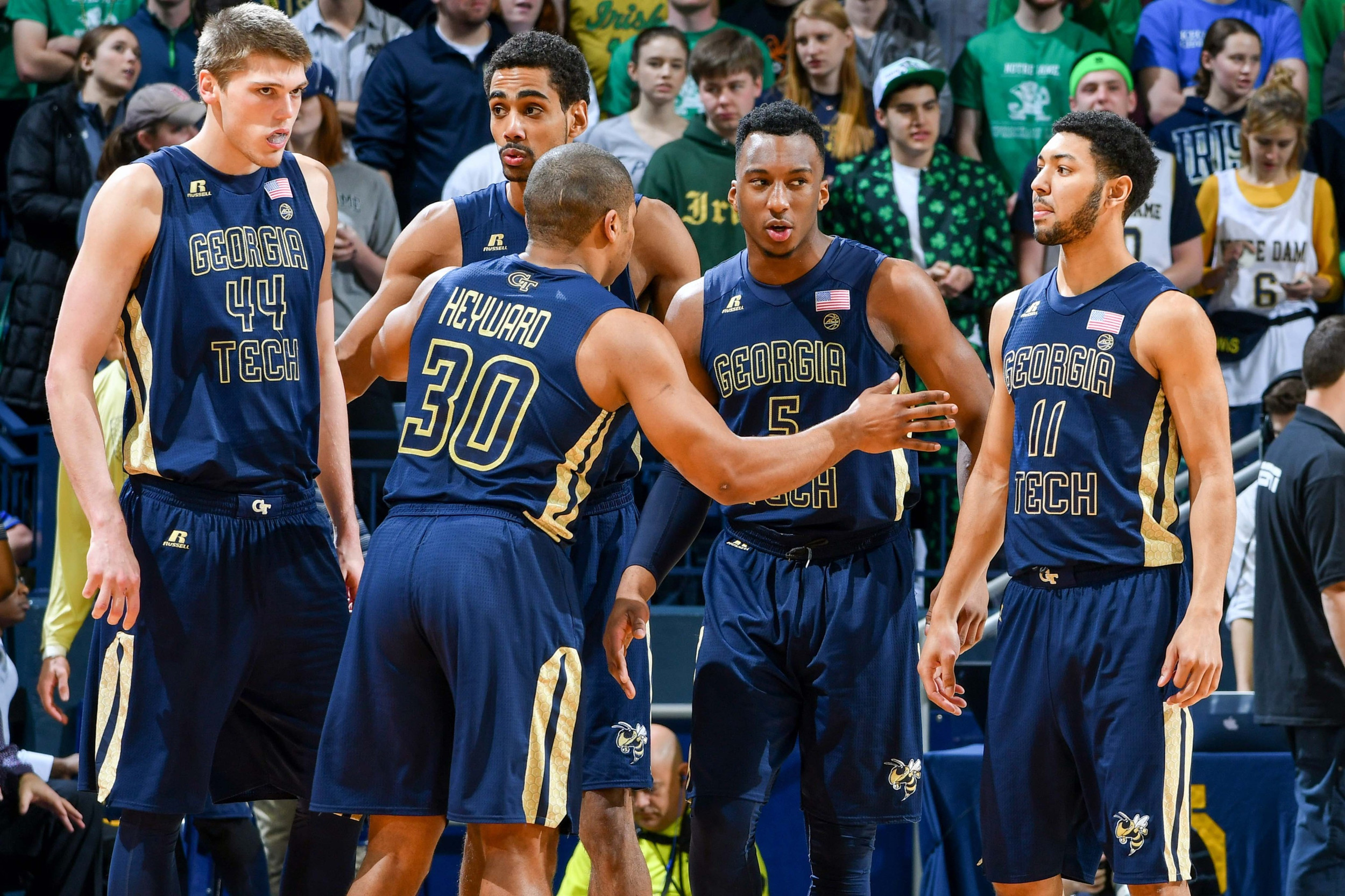 The Georgia Tech Yellow Jackets huddle in the first half against the Notre Dame Fighting Irish at the Purcell Pavilion. (Matt Cashore-USA TODAY Sports)