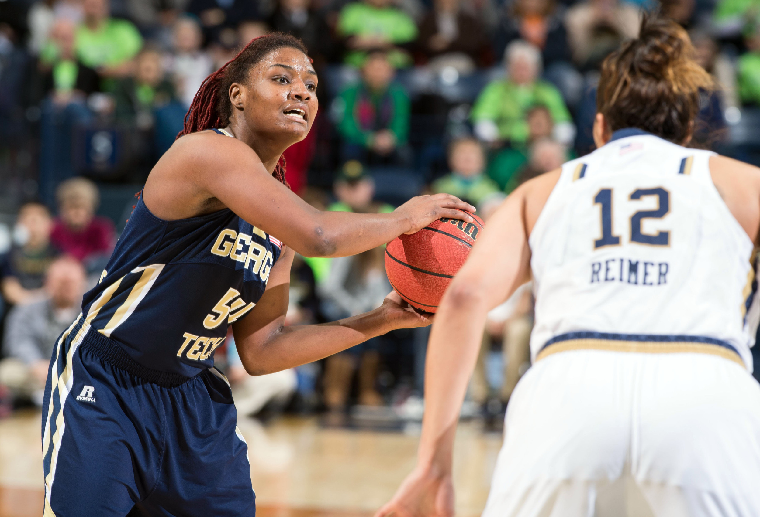 Roddreka Rogers looks to pass as Taya Reimer defends. Credit: Matt Cashore-USA TODAY Sports