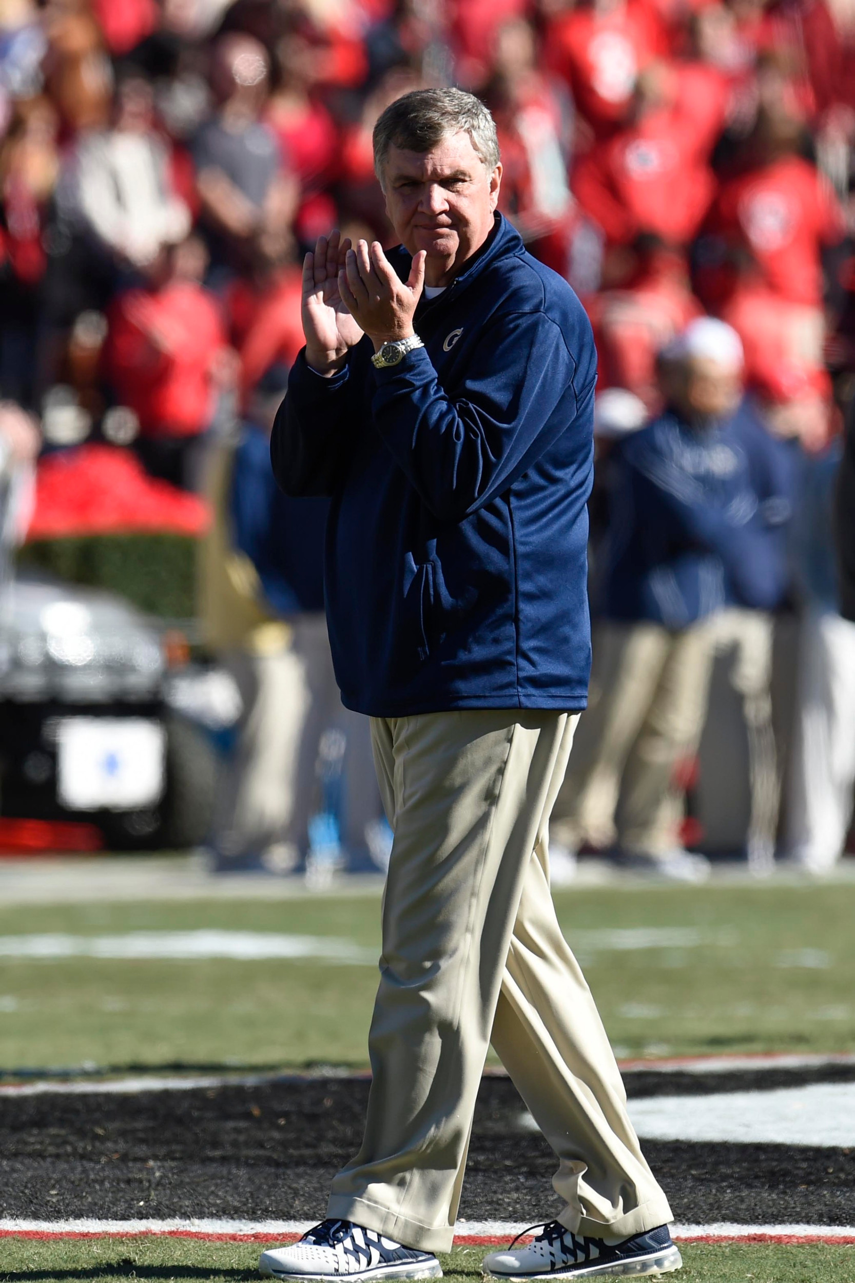 Nov 29, 2014; Athens, GA, USA; Yellow Jackets head coach Paul Johnson on the field prior to the game. Dale Zanine-USA TODAY Sports