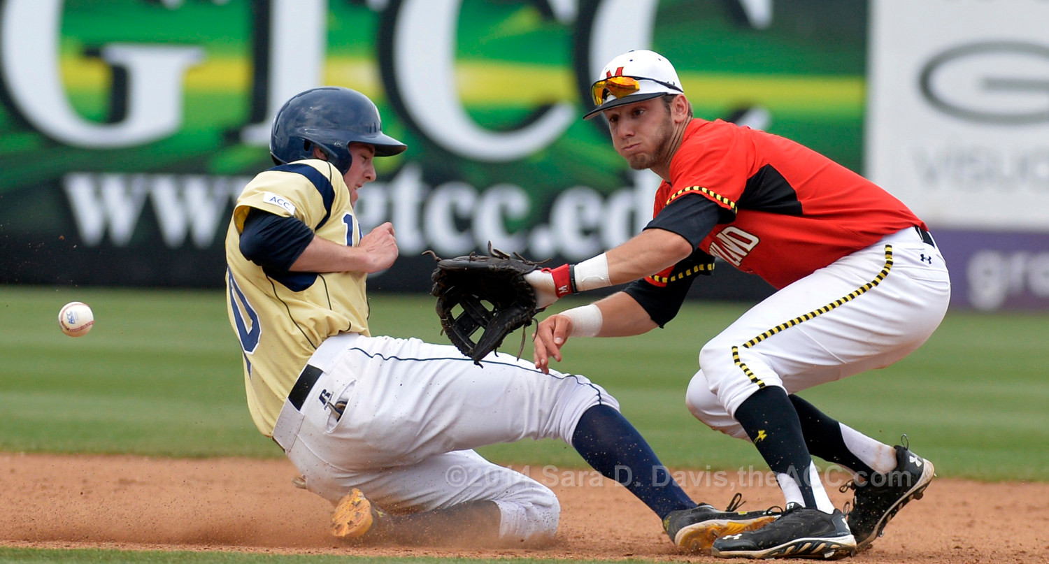 Georgia Tech third baseman Brandon Gold (10) slides into second base as Maryland shortstop Blake Schmit (1) waits for the ball during the 2014 ACC Baseball Championship in Greensboro, N.C., May 25, 2014. (Photo by Sara D. Davis, theACC.com)