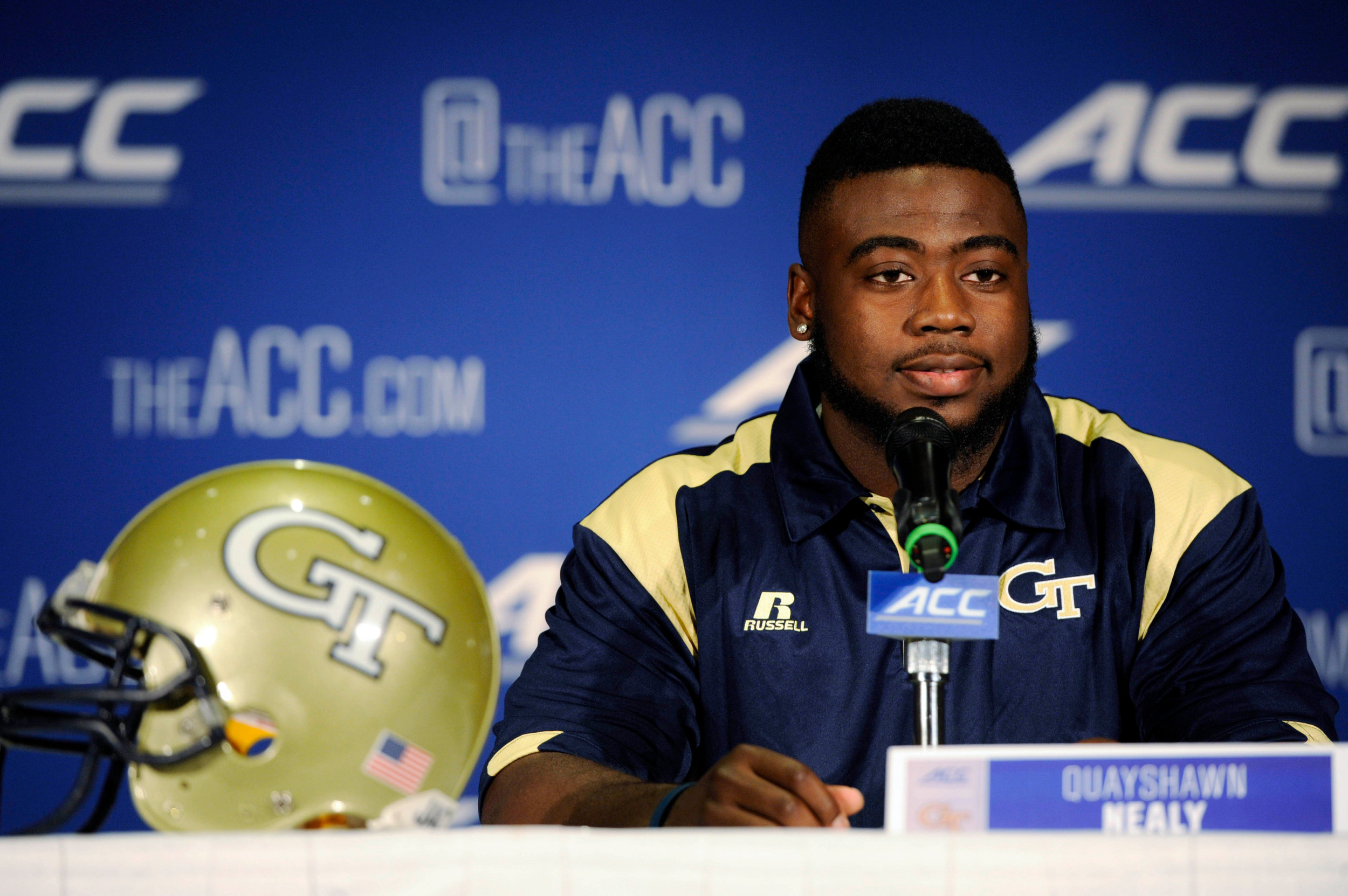 Jul 20, 2014; Greensboro, NC, USA; Georgia Tech Yellow Jackets linebacker Quayshawn Nealy addresses the media during the ACC football media day at the Grandover Resort. Mandatory Credit: Sam Sharpe-USA TODAY Sports