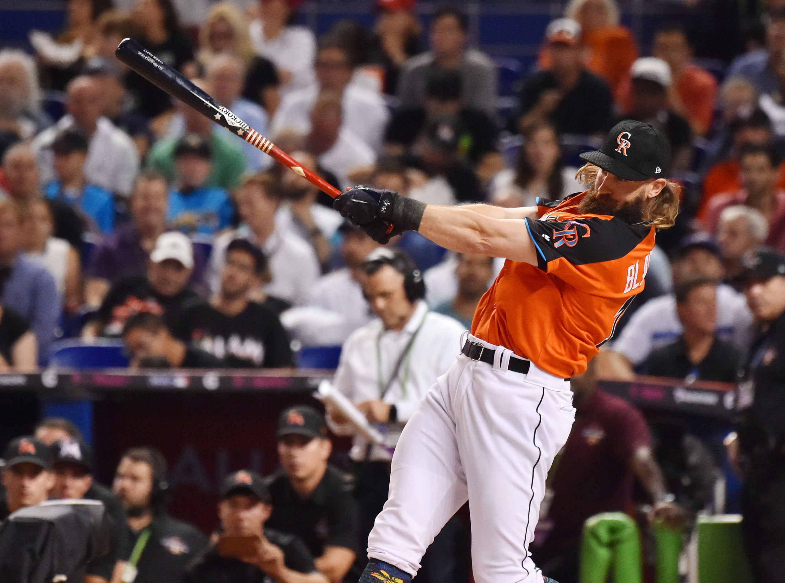 Jul 10, 2017; Miami, FL, USA; National League outfielder Charlie Blackmon (19) of the Colorado Rockies in the first round during the 2017 MLB Home Run Derby at Marlins Park. Mandatory Credit: Jasen Vinlove-USA TODAY Sports