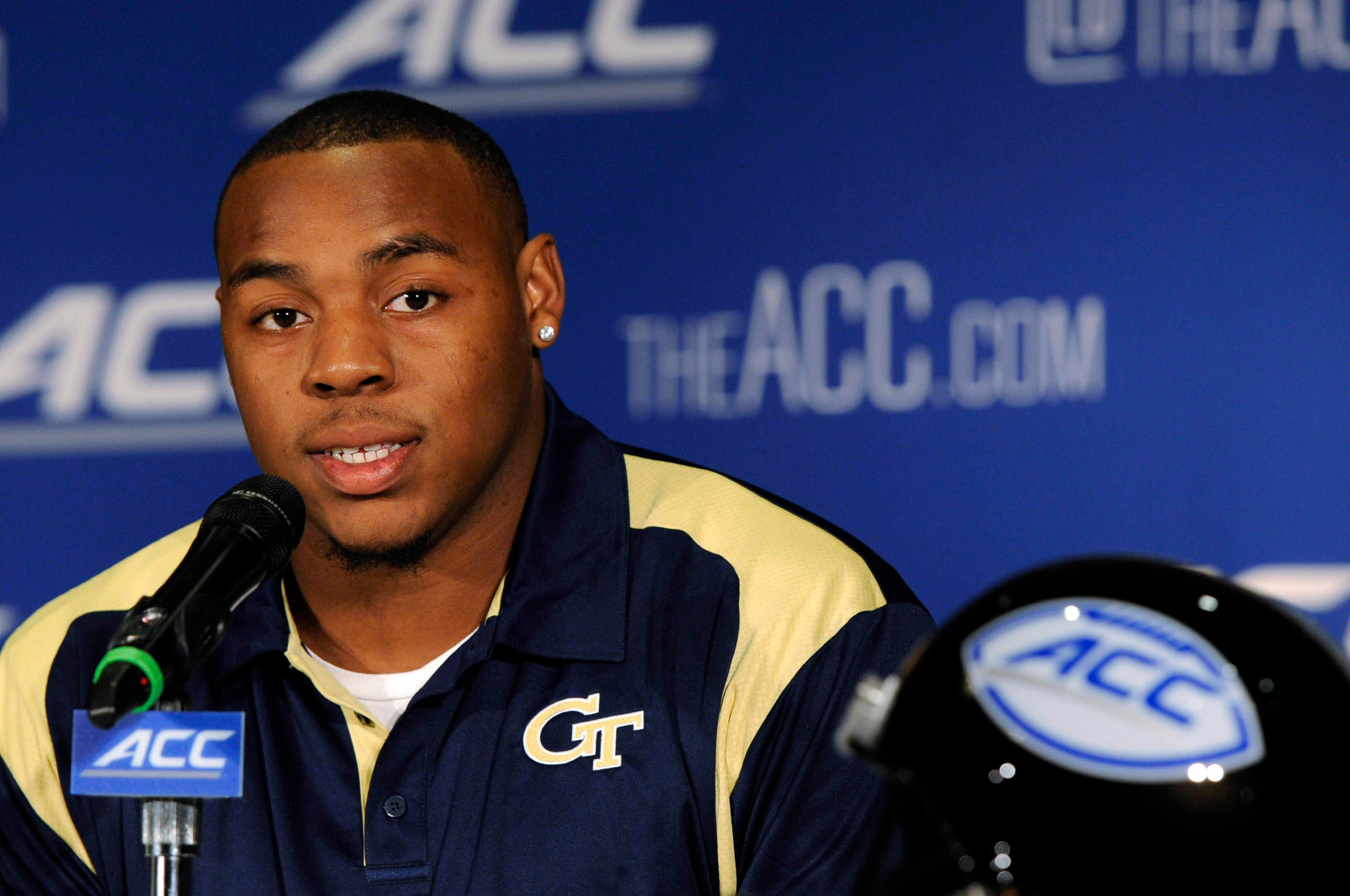 Jul 20, 2014; Greensboro, NC, USA; Georgia Tech Yellow Jackets offensive guard Shaquille Mason addresses the media during the ACC football media day at the Grandover Resort. Mandatory Credit: Sam Sharpe-USA TODAY Sports