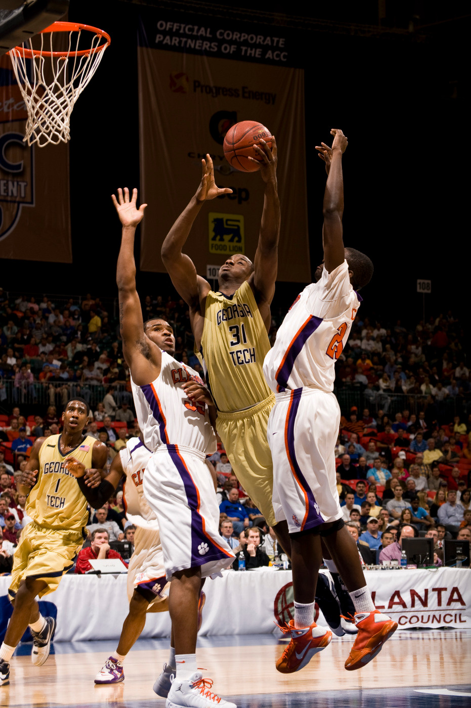 Gani Lawal goes up between two defenders vs. Clemson - March 12, 2009
