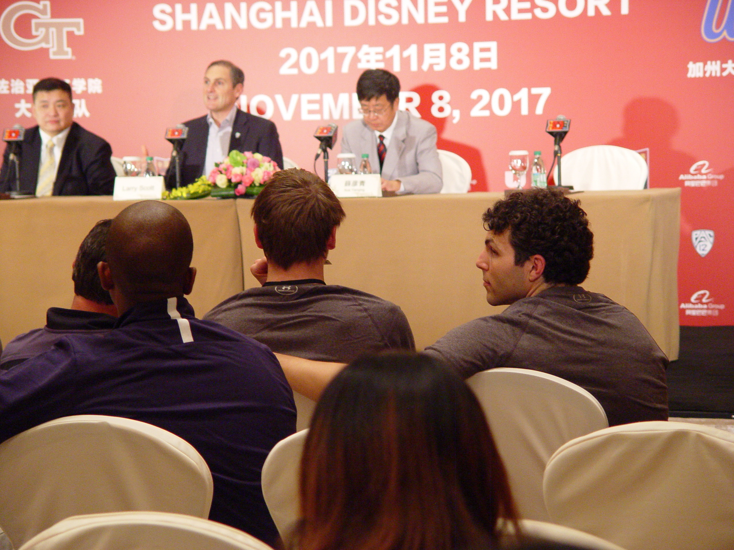 Ben Lammers and head coach Josh Pastner listen as Pac-12 commissioner Larry Scott and other VIPs speak at Disney Press Conference, November 8, 2017