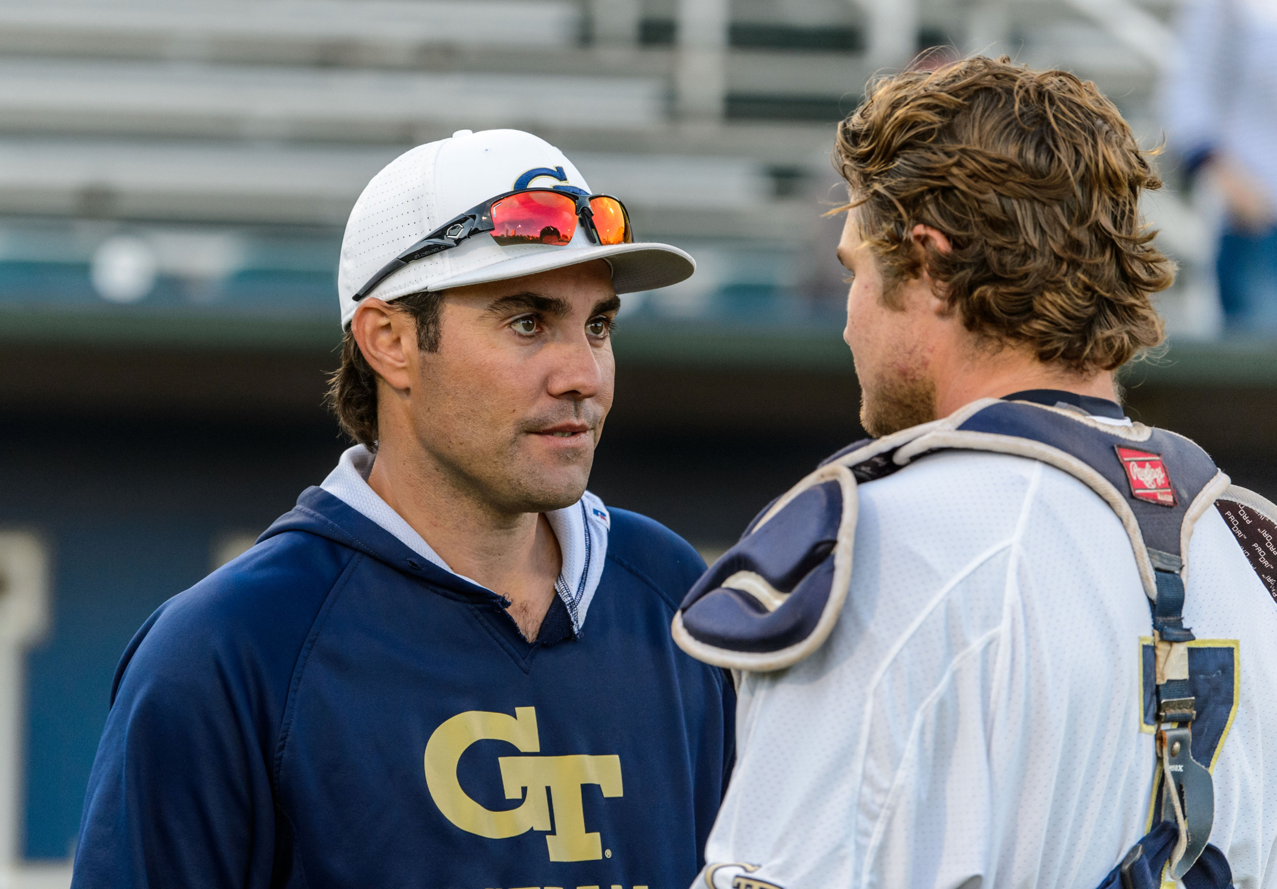 Undergraduate Student Assistant Coach Mike Nickeas talks with Arden Pabst