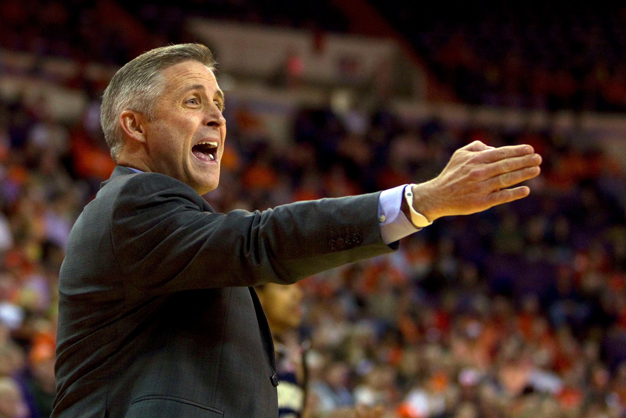 Feb 4, 2014; Clemson, SC, USA; Yellow Jackets head coach Brian Gregory reacts during the first half. Joshua S. Kelly-USA TODAY Sports